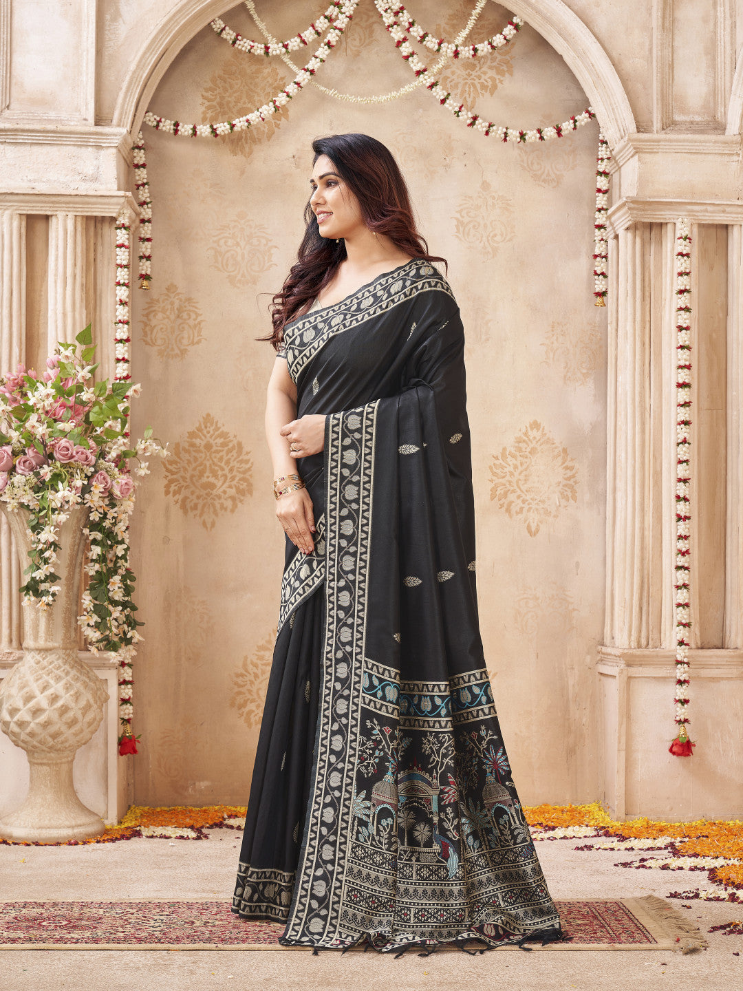 Soft Bangalore handloom raw silk saree with meenakari weaving work