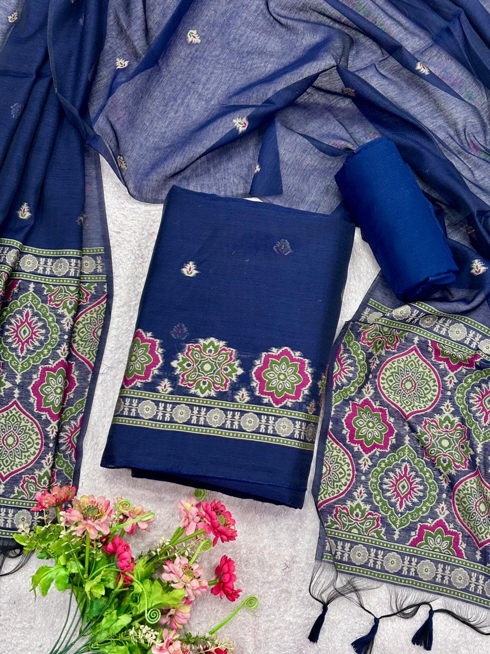 Unstitched Ajrakh Weaving Pure Muga Cotton Salwar Suit with Dupatta & Bottom