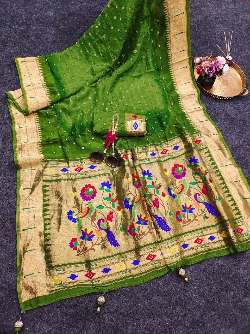 Soft viscose Modal hand bandhej paithani saree with Meena weaving work