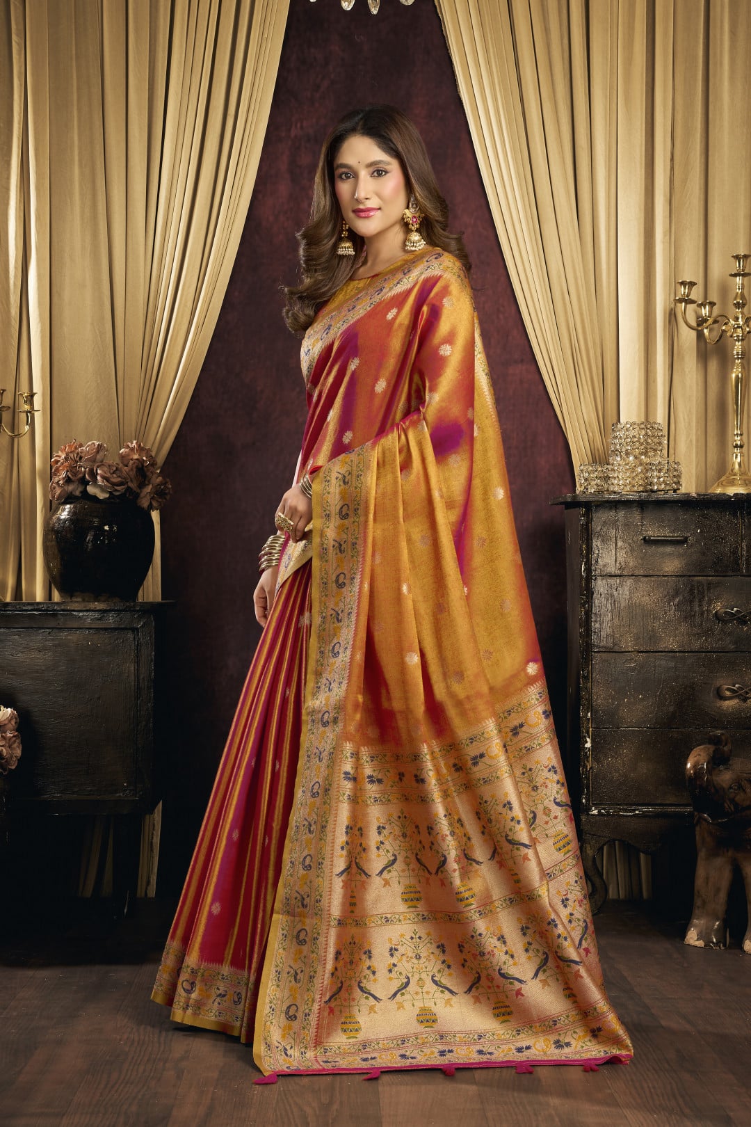 Soft tissue paithani silk saree with thread weaving work