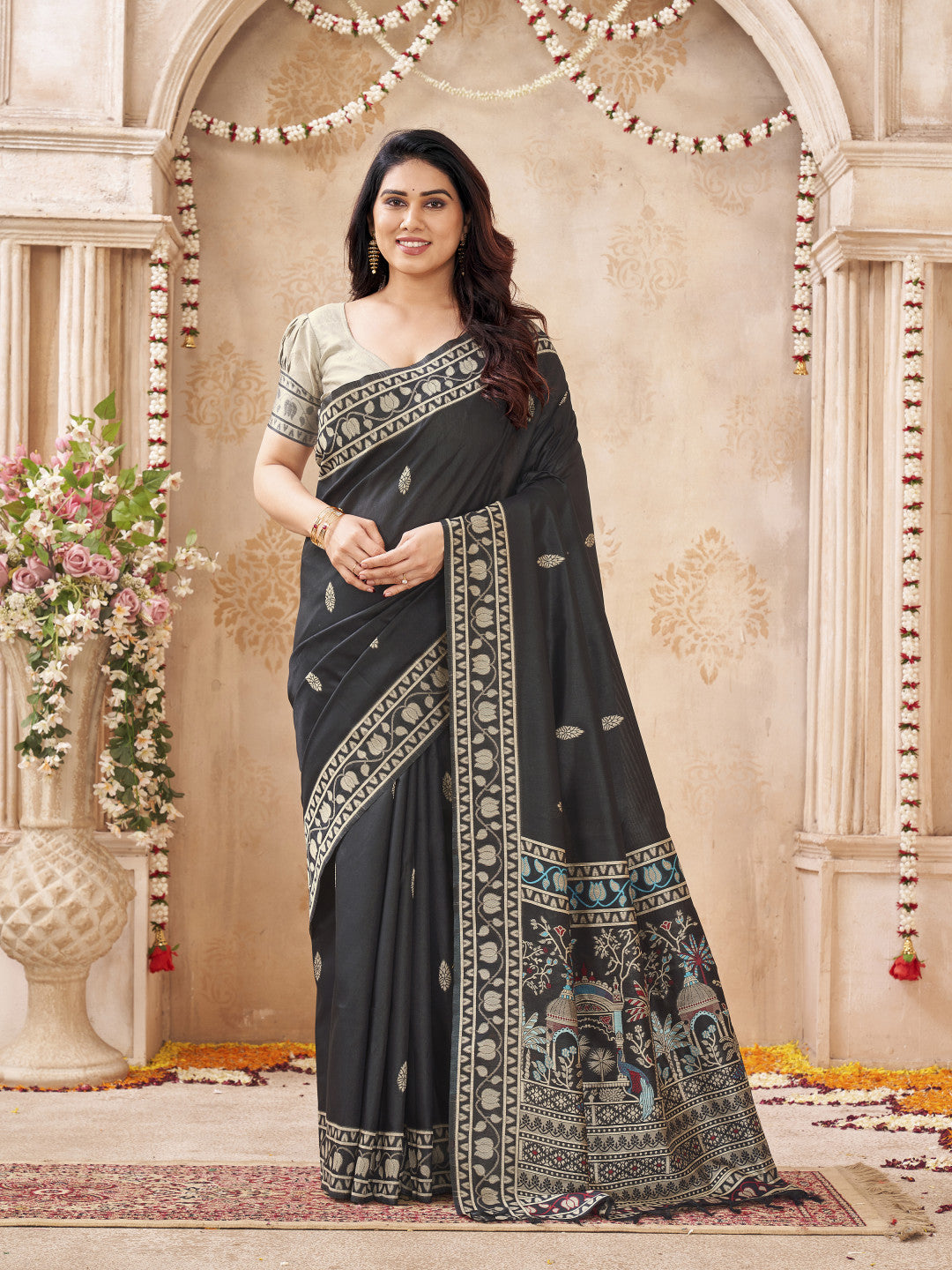 Soft Bangalore handloom raw silk saree with meenakari weaving work