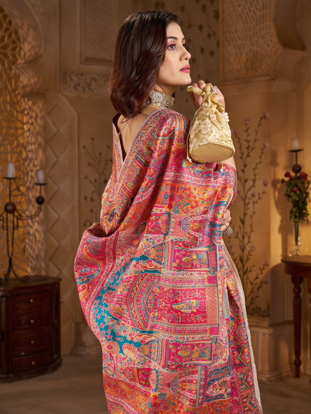 Traditional pashmina silk saree with woven design