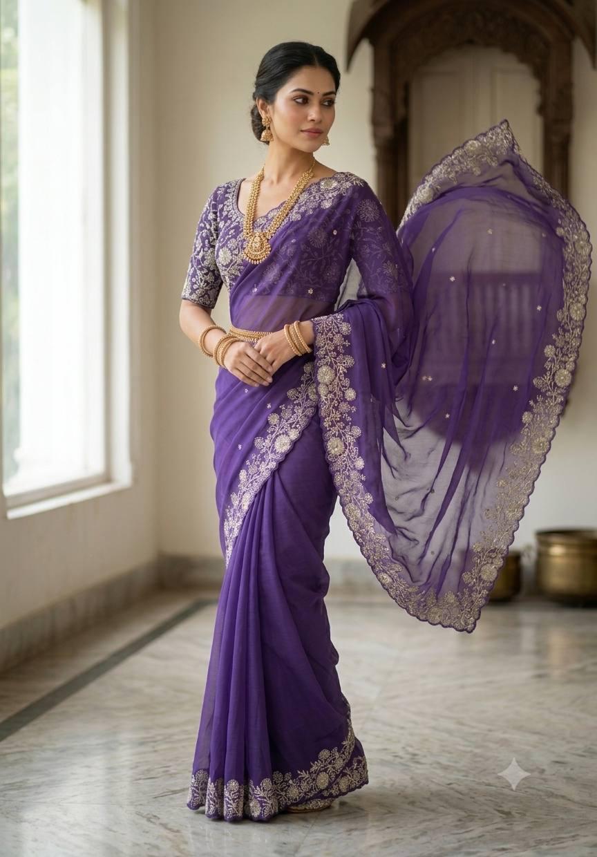 Heavy star georgette silk saree with zari weaving and thread embroidered work