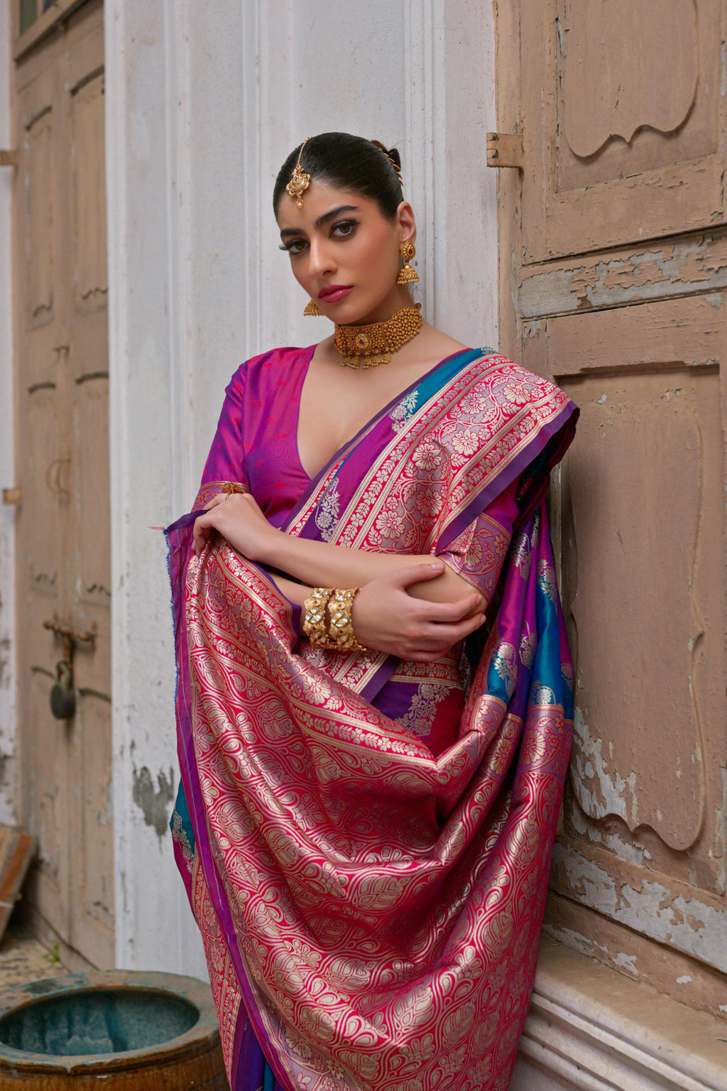 Multi traditional banarasi silk handloom saree with zari weaving work