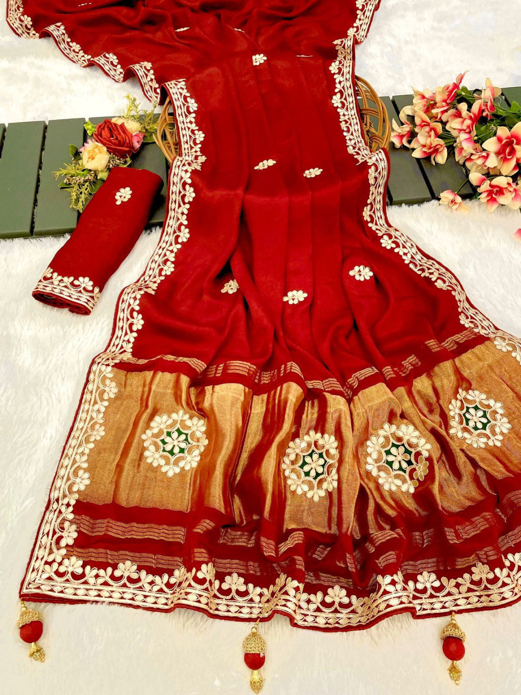 Pure Modal Gajji Silk Embroidered Saree with Rich Golden Pallu (Multi-Color)