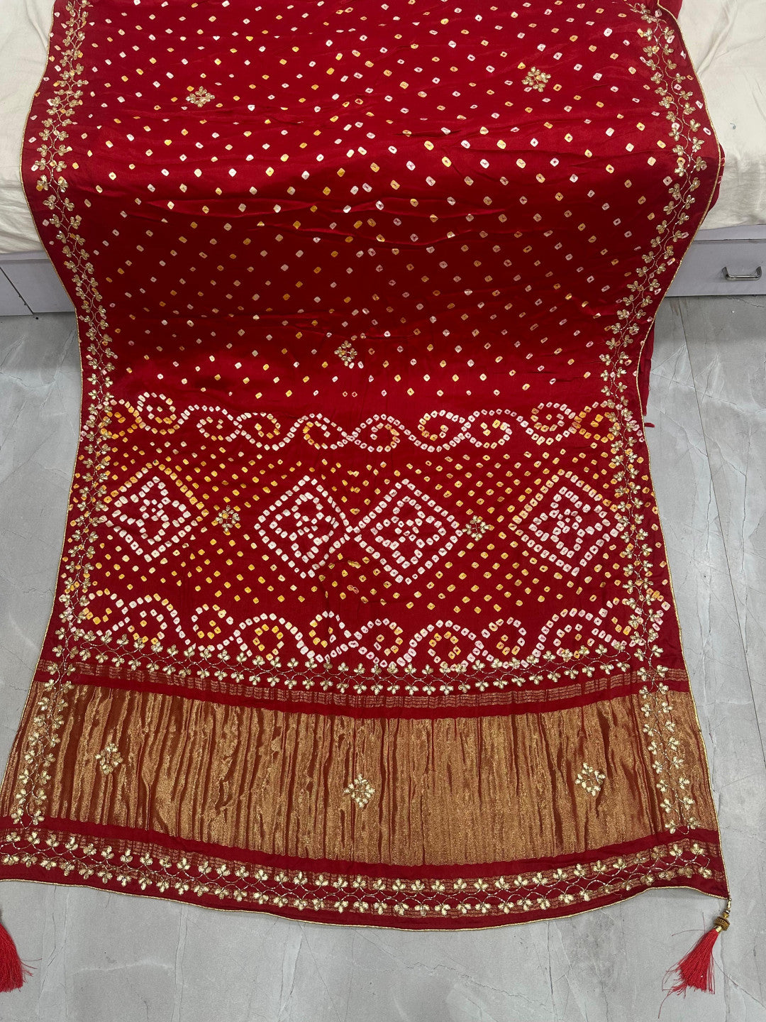 Bandhani Silk Saree with Golden Border