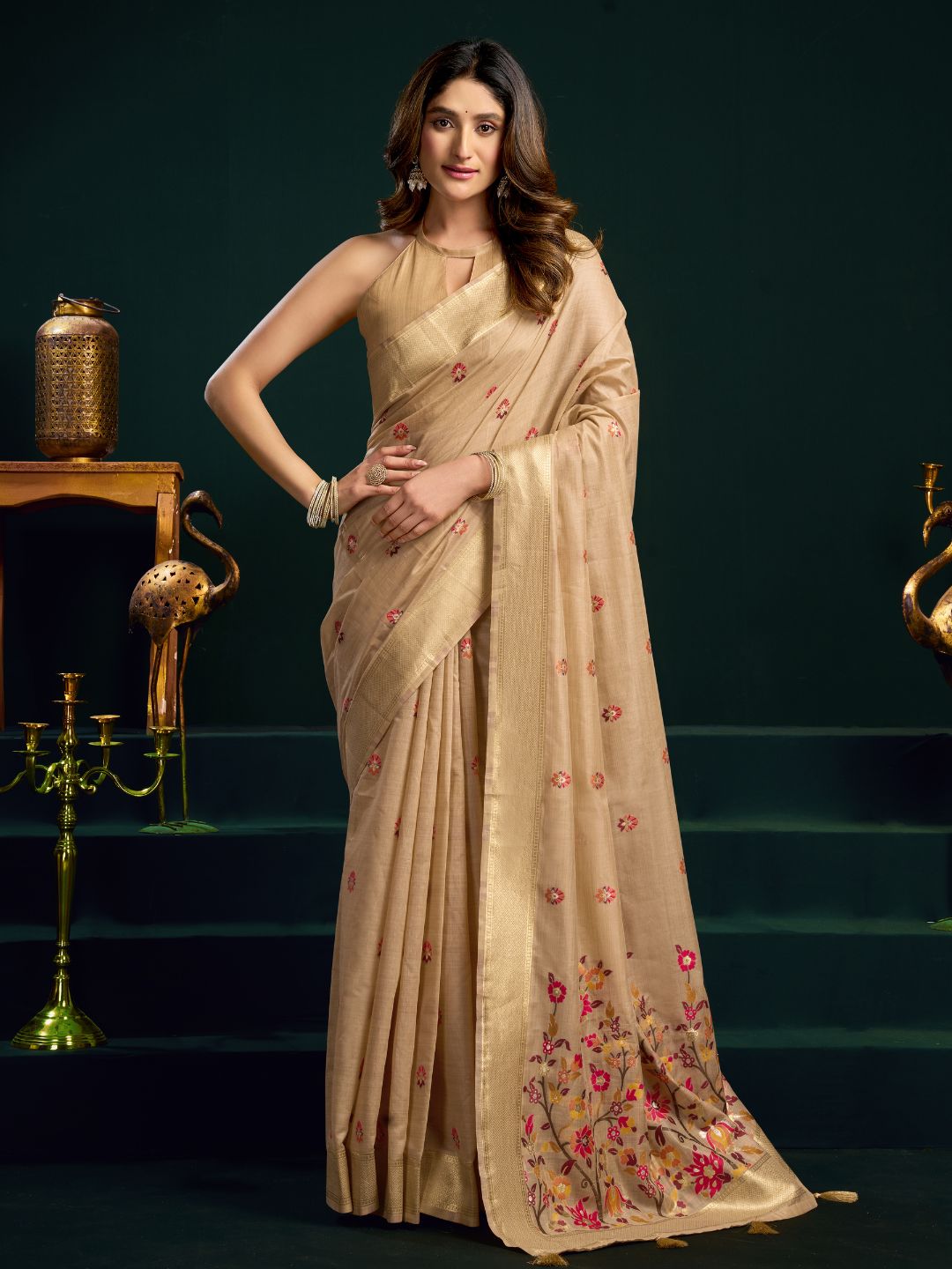 Muga cotton saree with meenakari weaving zari border work