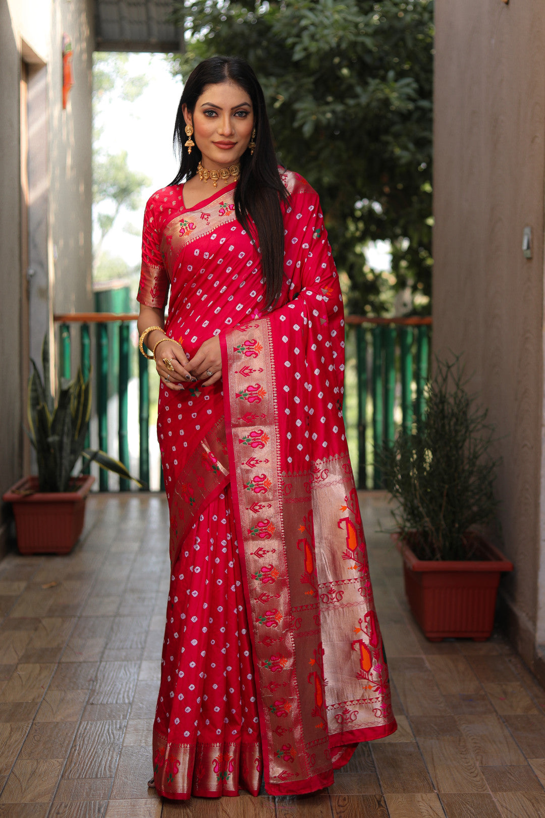 Bandhani Silk saree with bandhej and zari weaving work