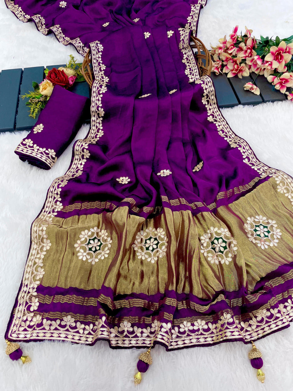 Pure Modal Gajji Silk Embroidered Saree with Rich Golden Pallu (Multi-Color)