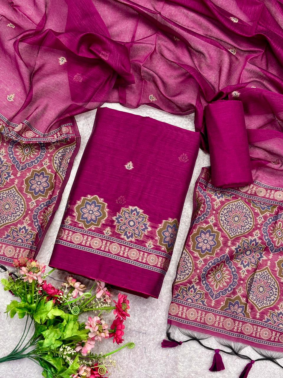 Unstitched Ajrakh Weaving Pure Muga Cotton Salwar Suit with Dupatta & Bottom