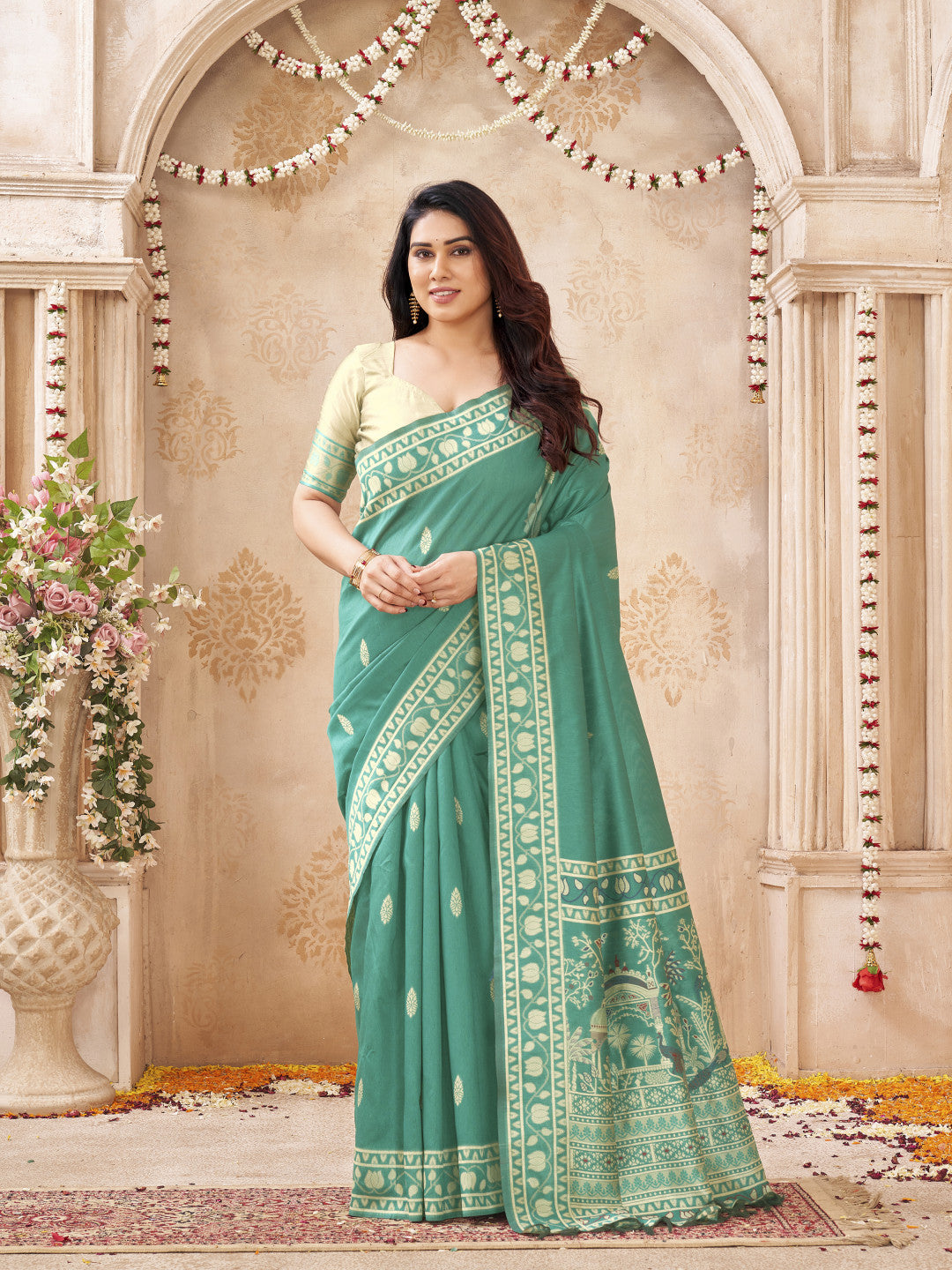 Soft Bangalore handloom raw silk saree with meenakari weaving work