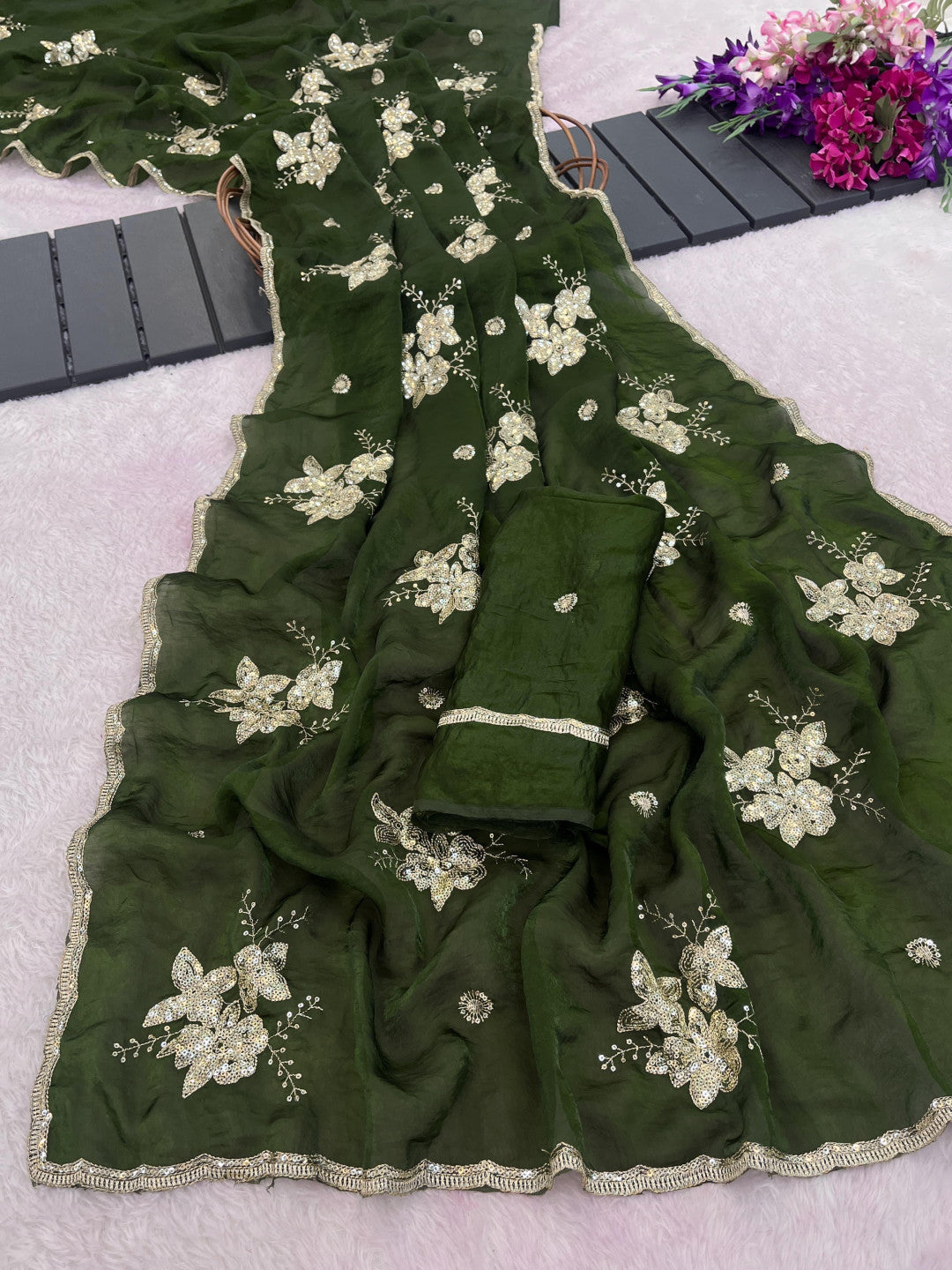 Soft fandy satin silk saree with embroidery and sequence work