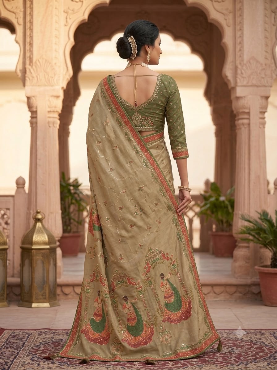 Beige color soft simar silk saree with embroidery and printed work
