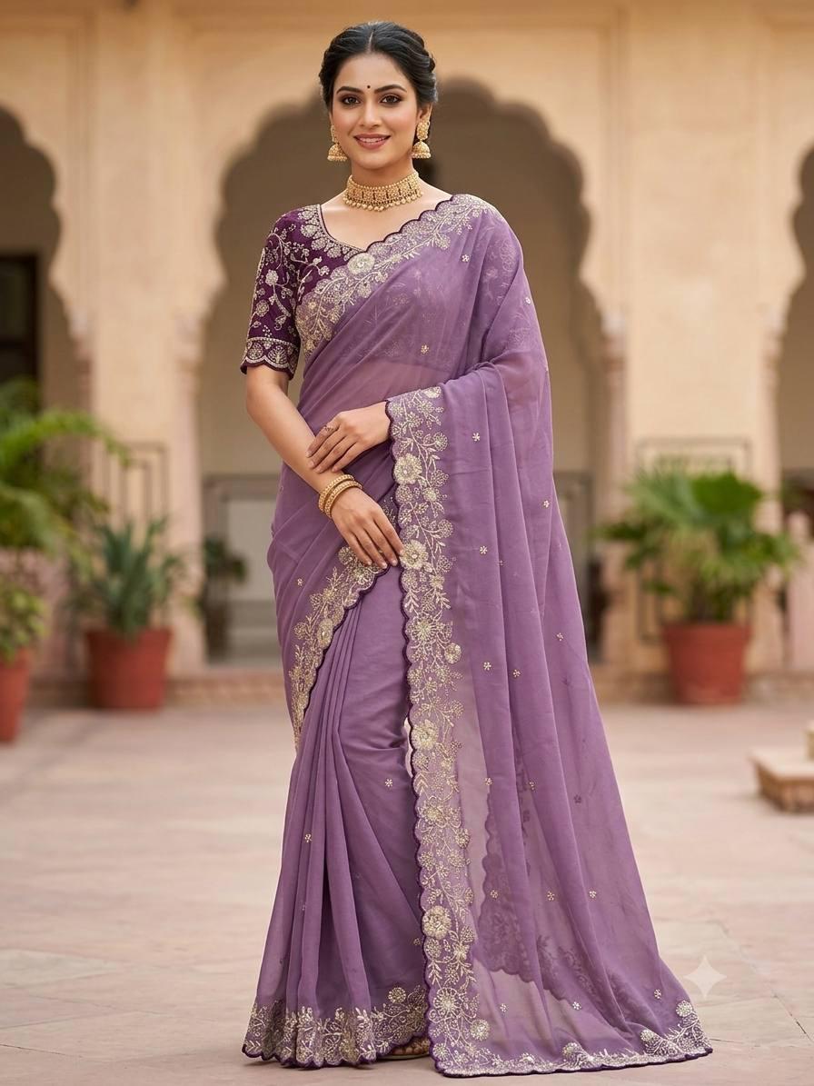 Heavy star georgette silk saree with zari weaving and thread embroidered work