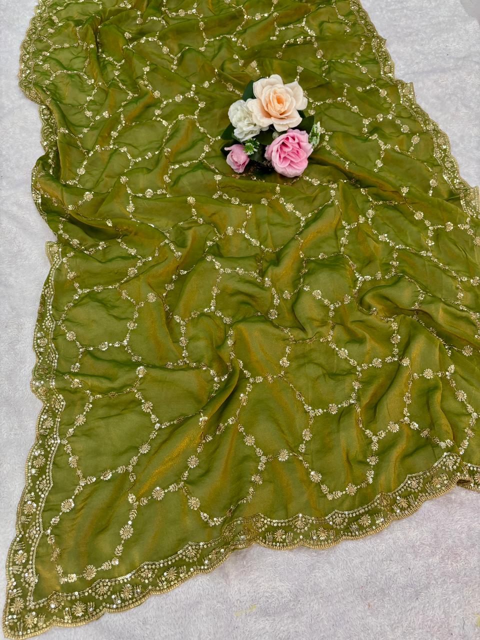 Satin silk saree with embroidery work and cutwork border