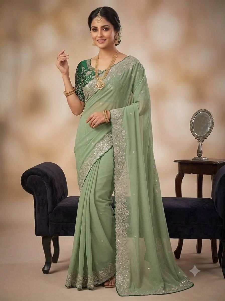 Heavy star georgette silk saree with zari weaving and thread embroidered work
