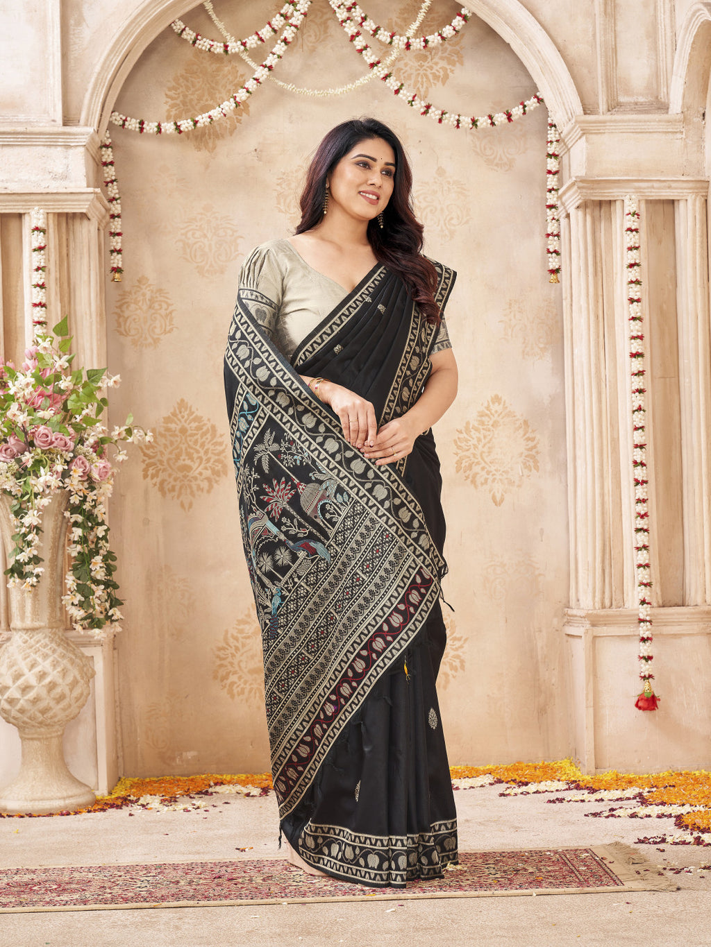 Soft Bangalore handloom raw silk saree with meenakari weaving work