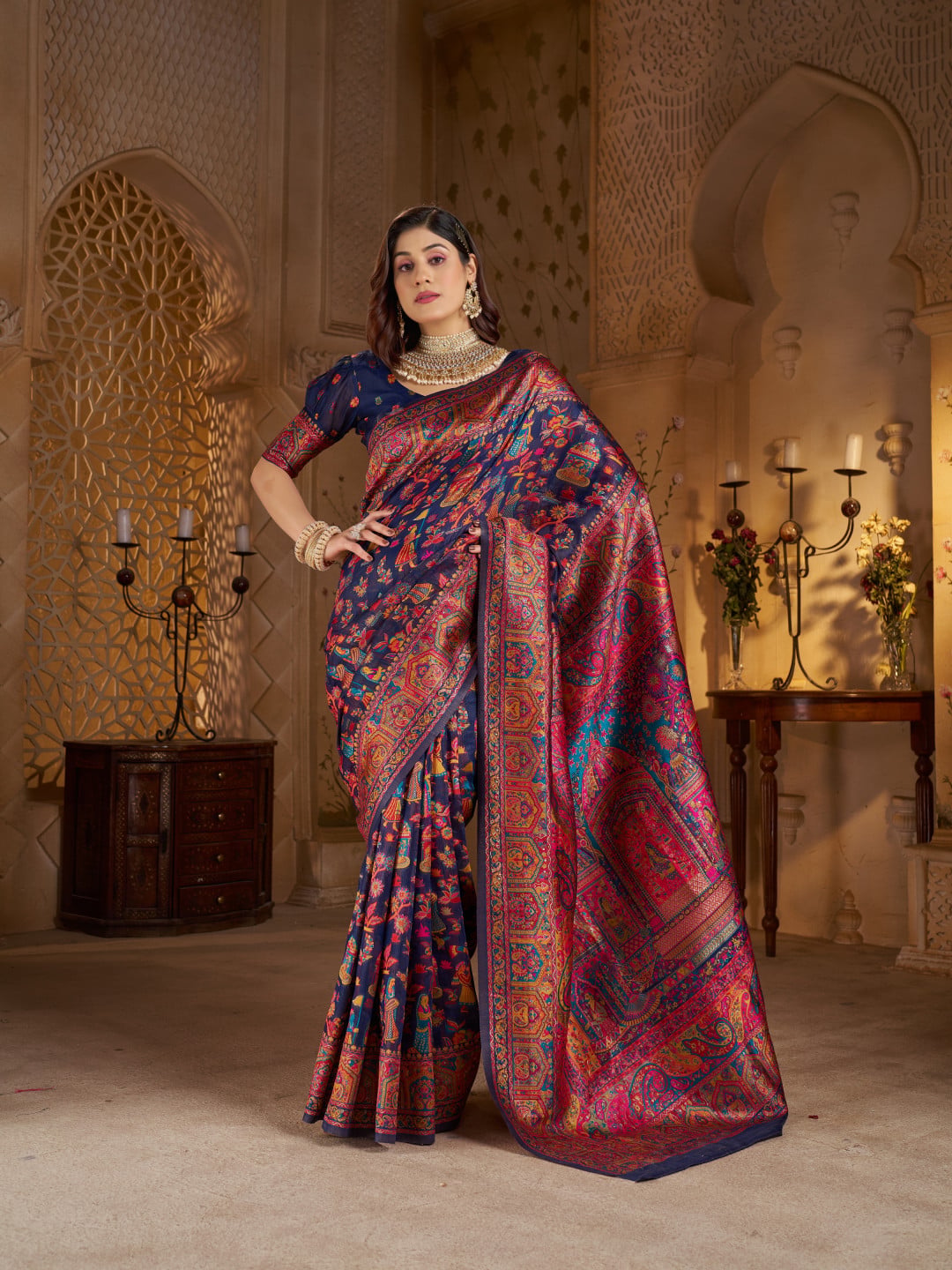 Traditional pashmina silk saree with woven design