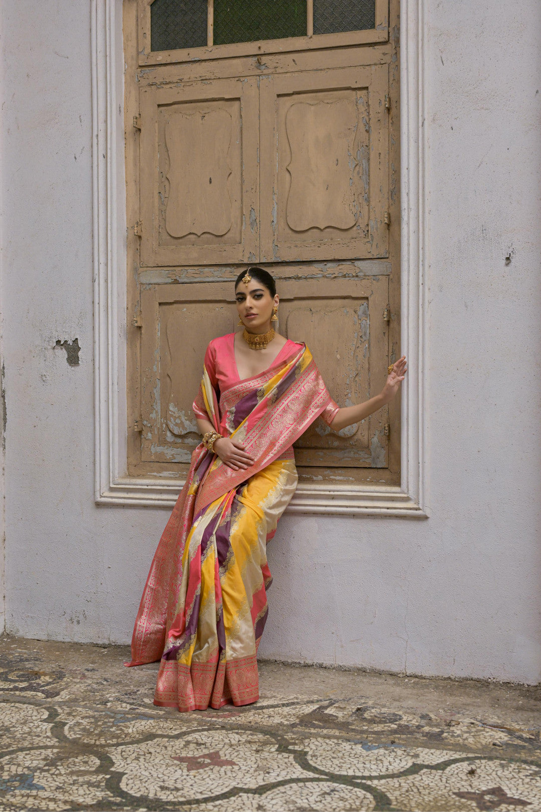 Multi traditional banarasi silk handloom saree with zari weaving work