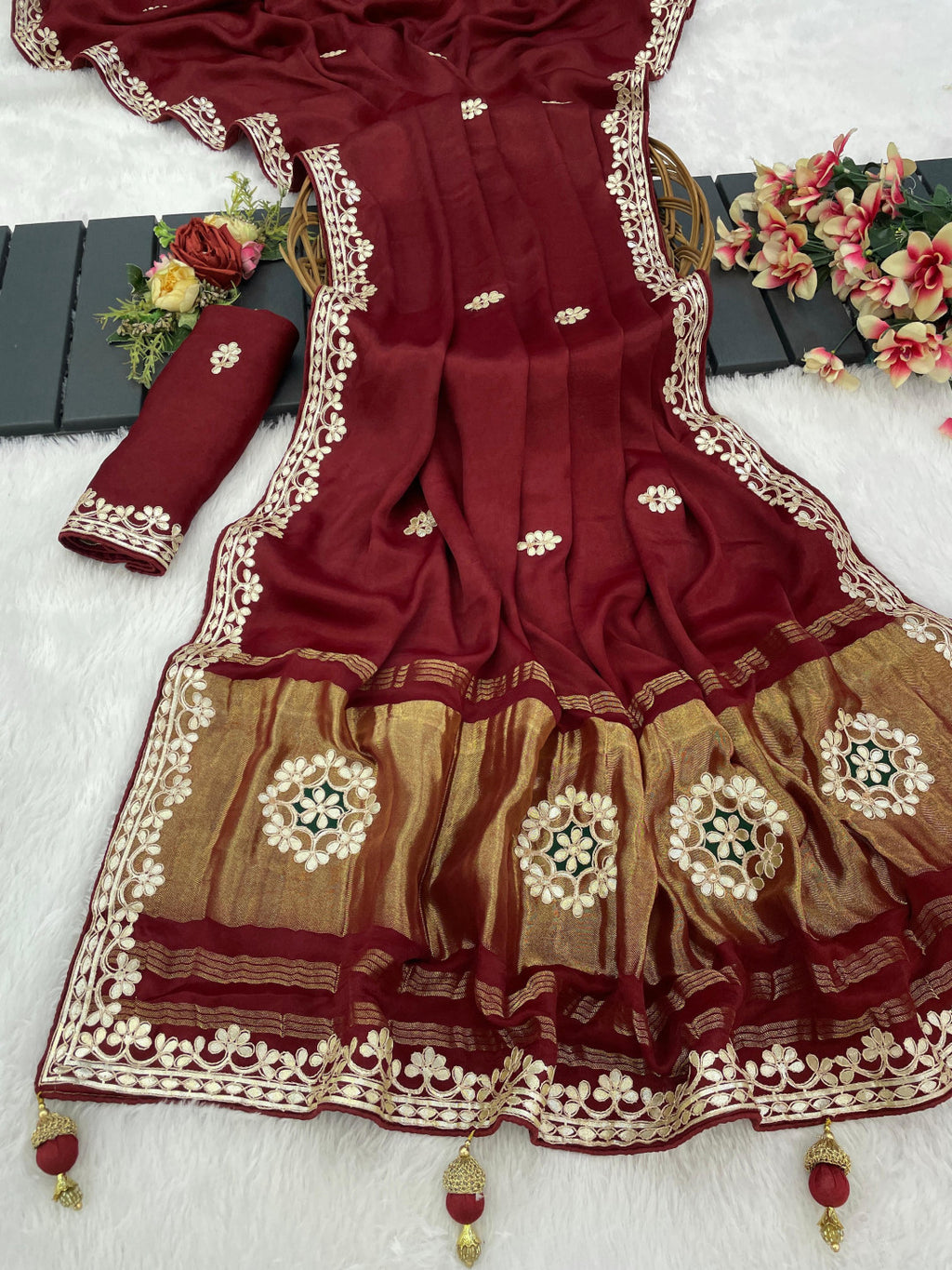 Pure Modal Gajji Silk Embroidered Saree with Rich Golden Pallu (Multi-Color)