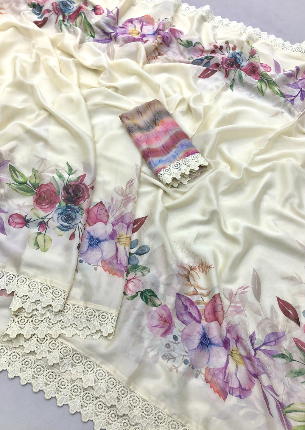 Off-White Chiffon Saree with Floral Print & Lace Border