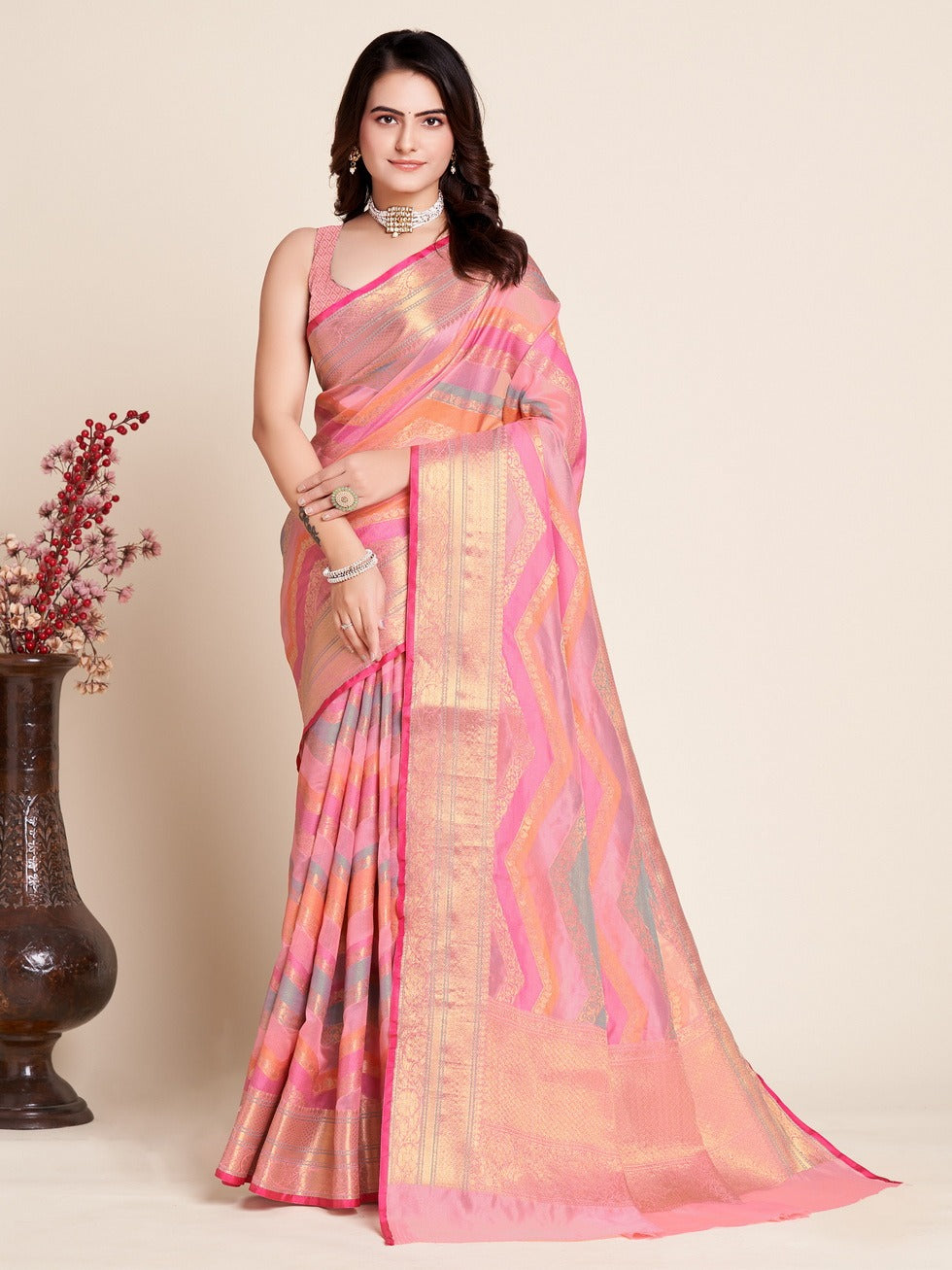 Pastel Gold Designer Banarasi Silk Saree
