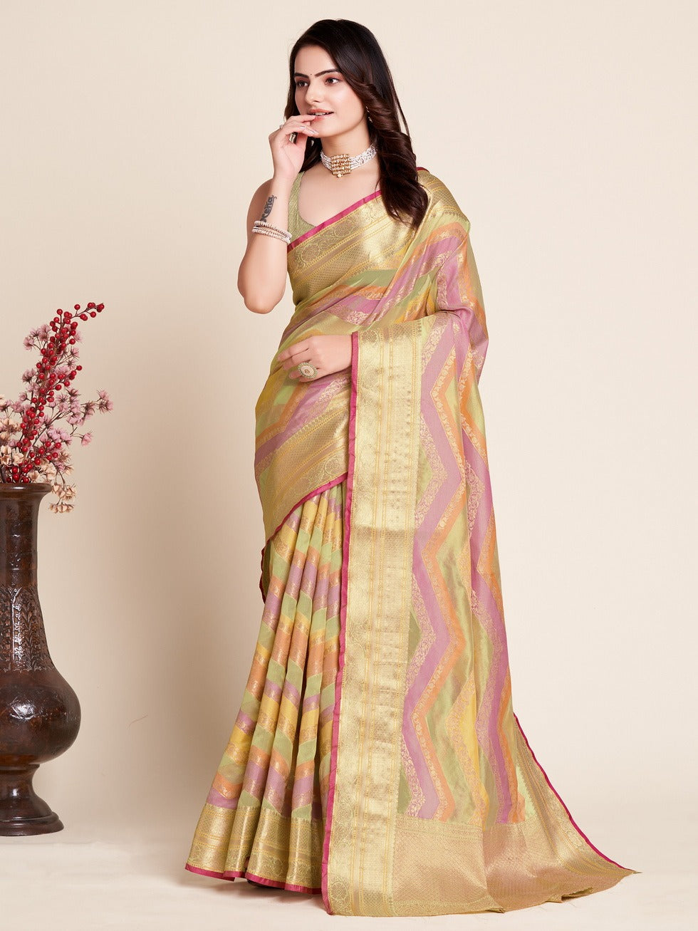 Pastel Gold Designer Banarasi Silk Saree