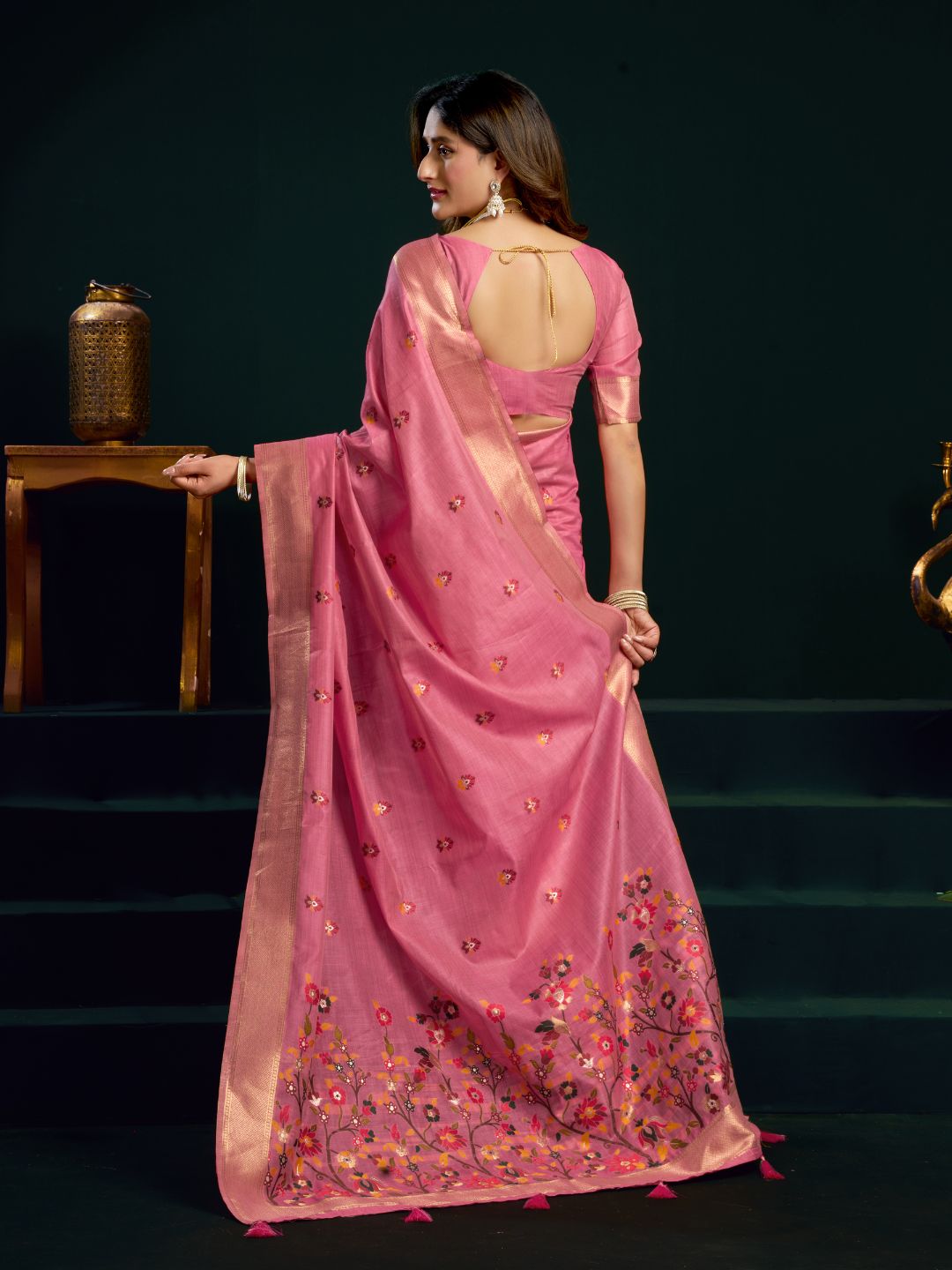 Muga cotton saree with meenakari weaving zari border work