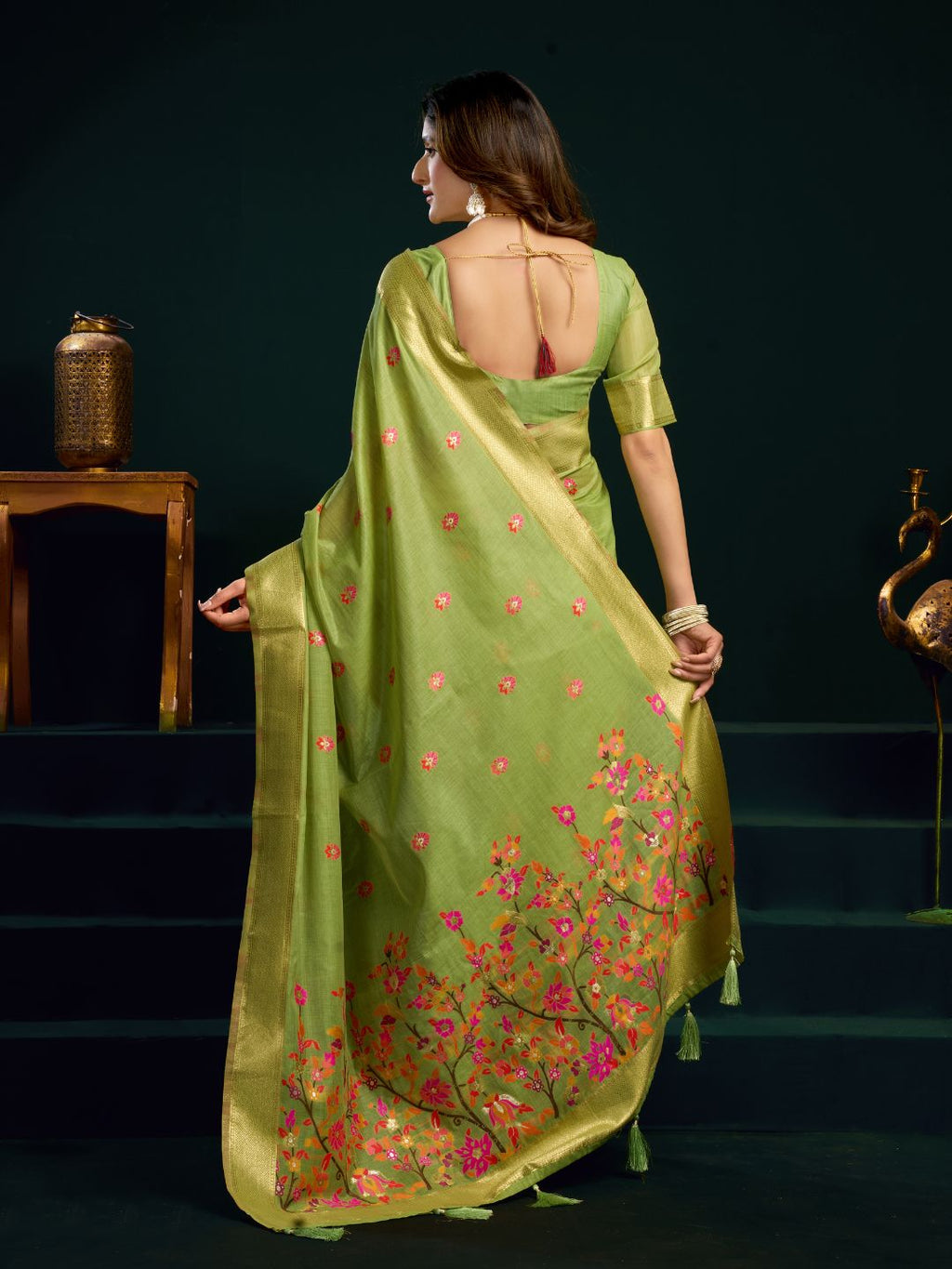 Muga cotton saree with meenakari weaving zari border work