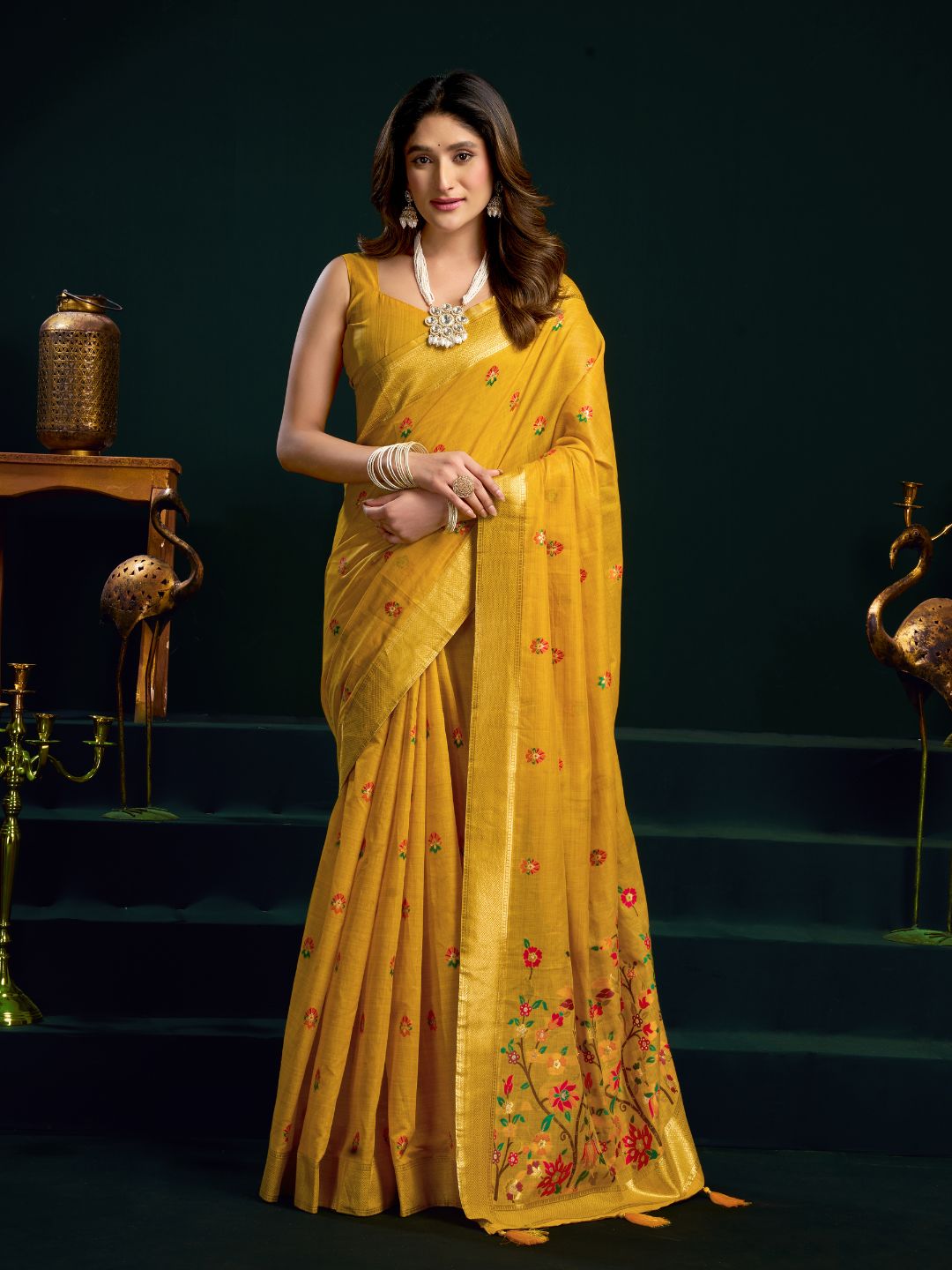 Muga cotton saree with meenakari weaving zari border work
