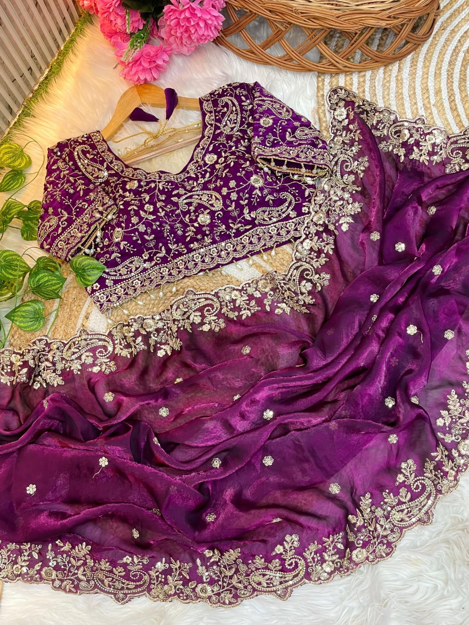 Fancy fandy satin silk saree with sequence work and Ready made blouse