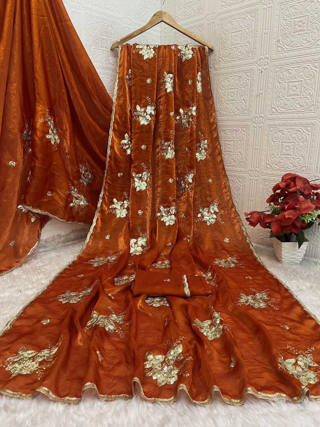 Soft fandy satin silk saree with embroidery and sequence work