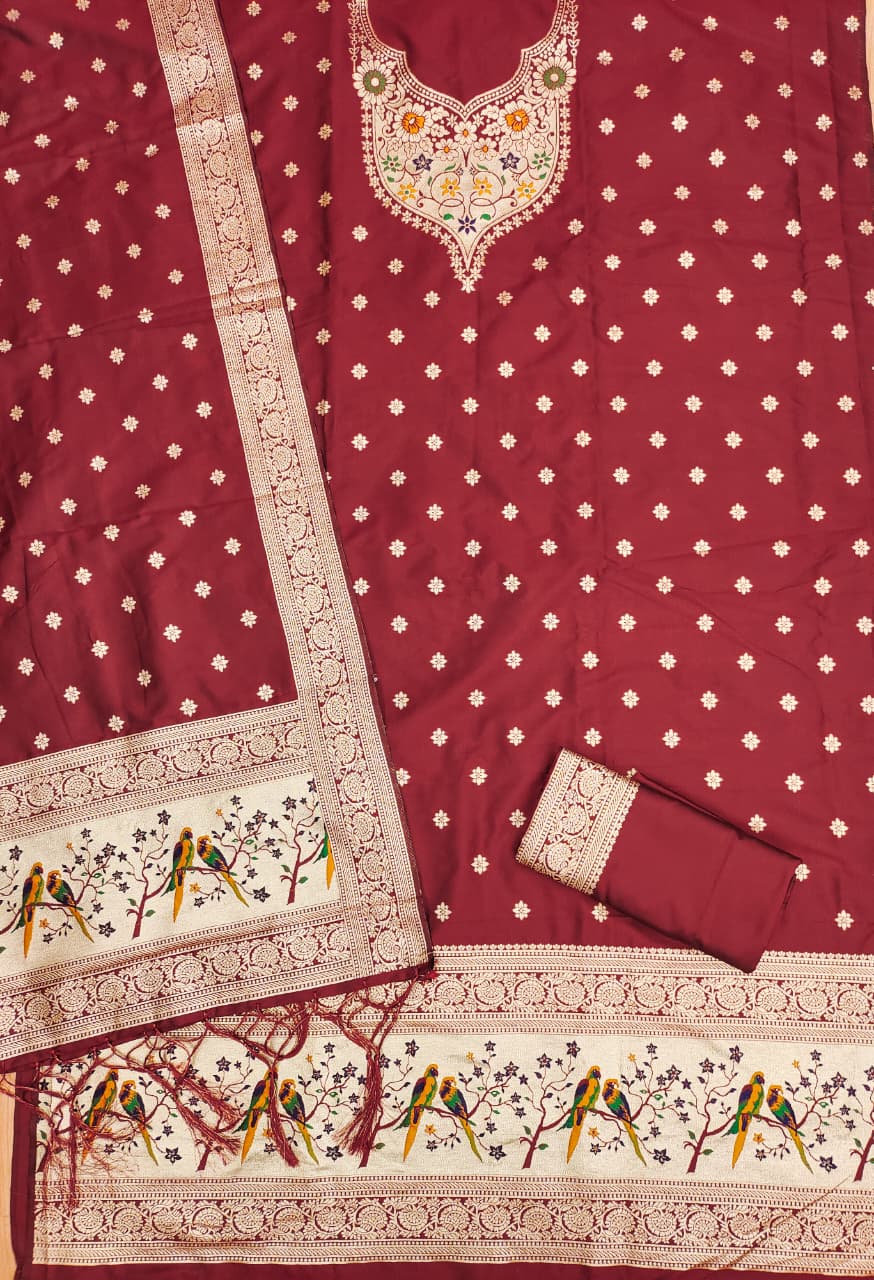 Unstitched zari weaving paithani silk salwar suit with dupatta & bottom