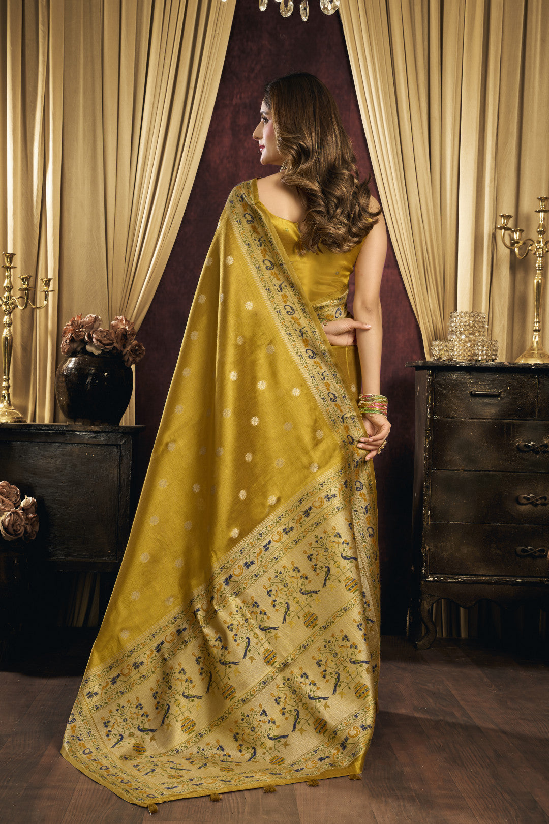 Soft tissue paithani silk saree with thread weaving work