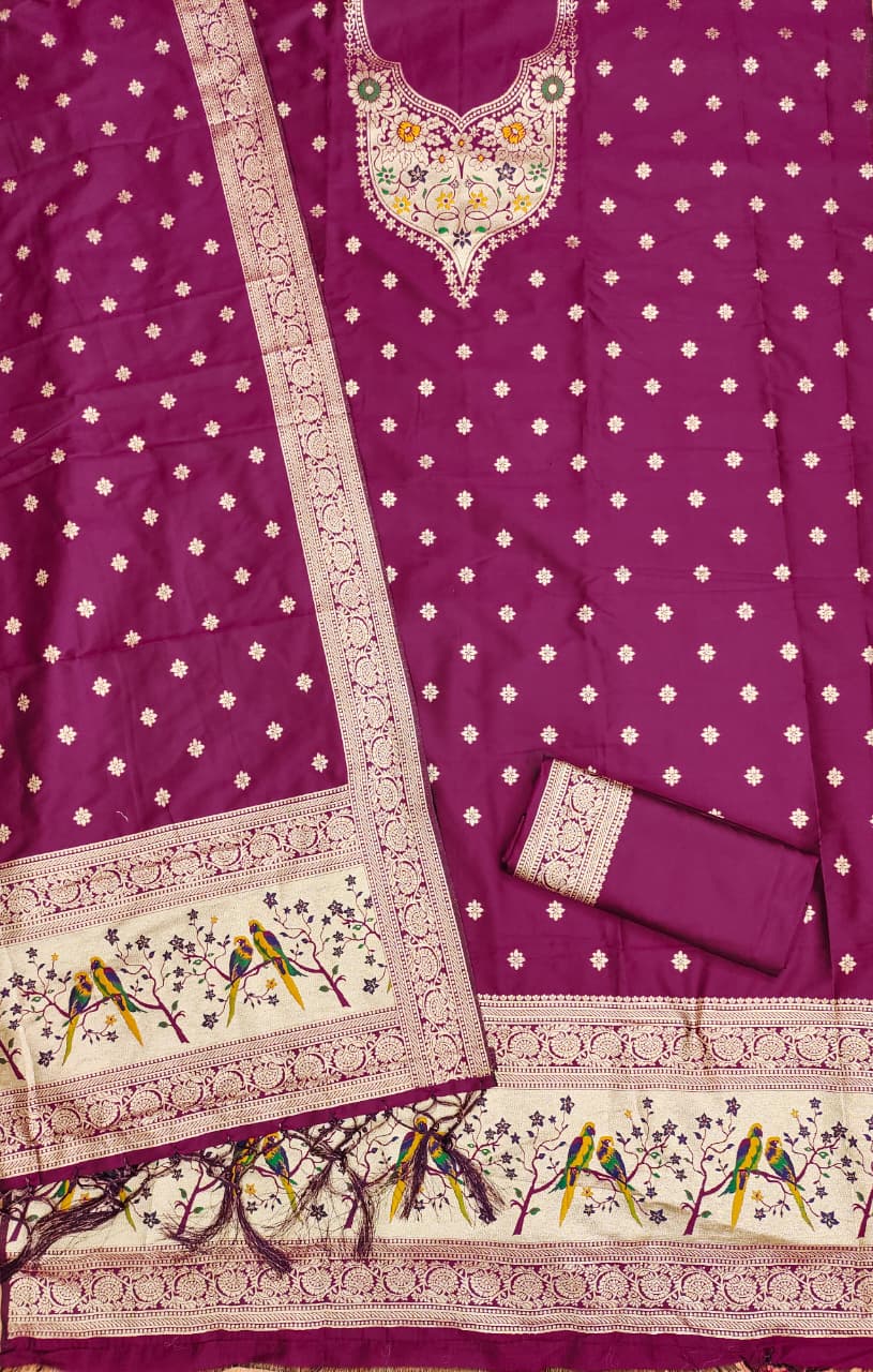 Unstitched zari weaving paithani silk salwar suit with dupatta & bottom