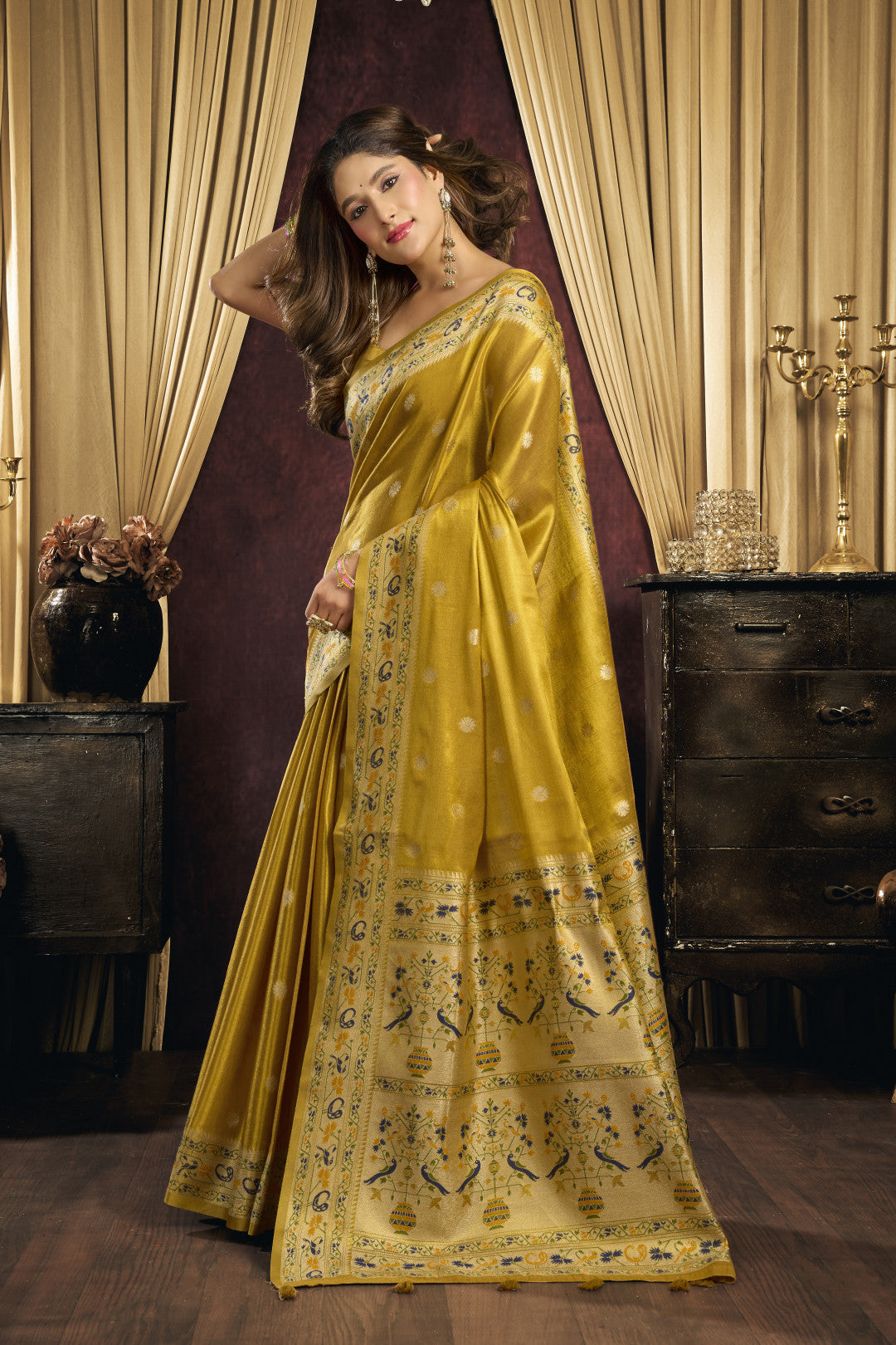 Soft tissue paithani silk saree with thread weaving work