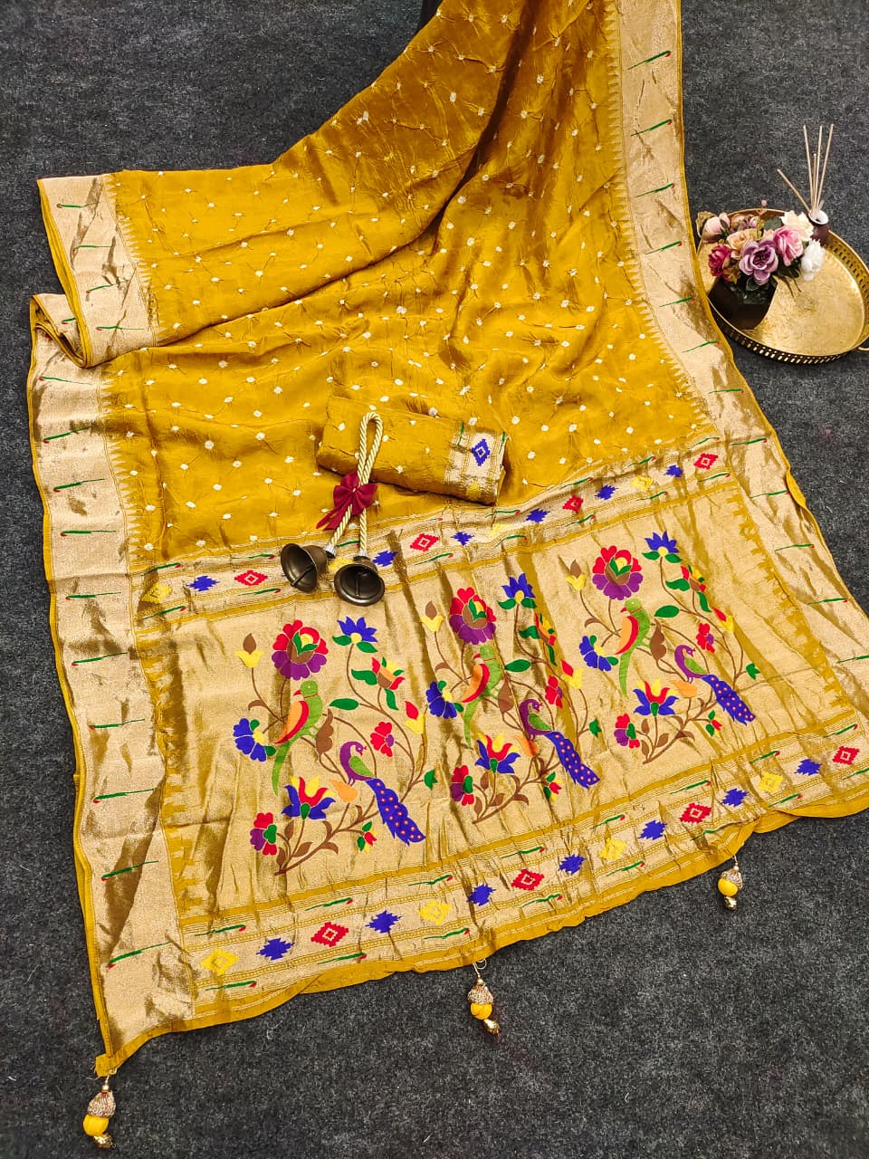 Soft viscose Modal hand bandhej paithani saree with Meena weaving work