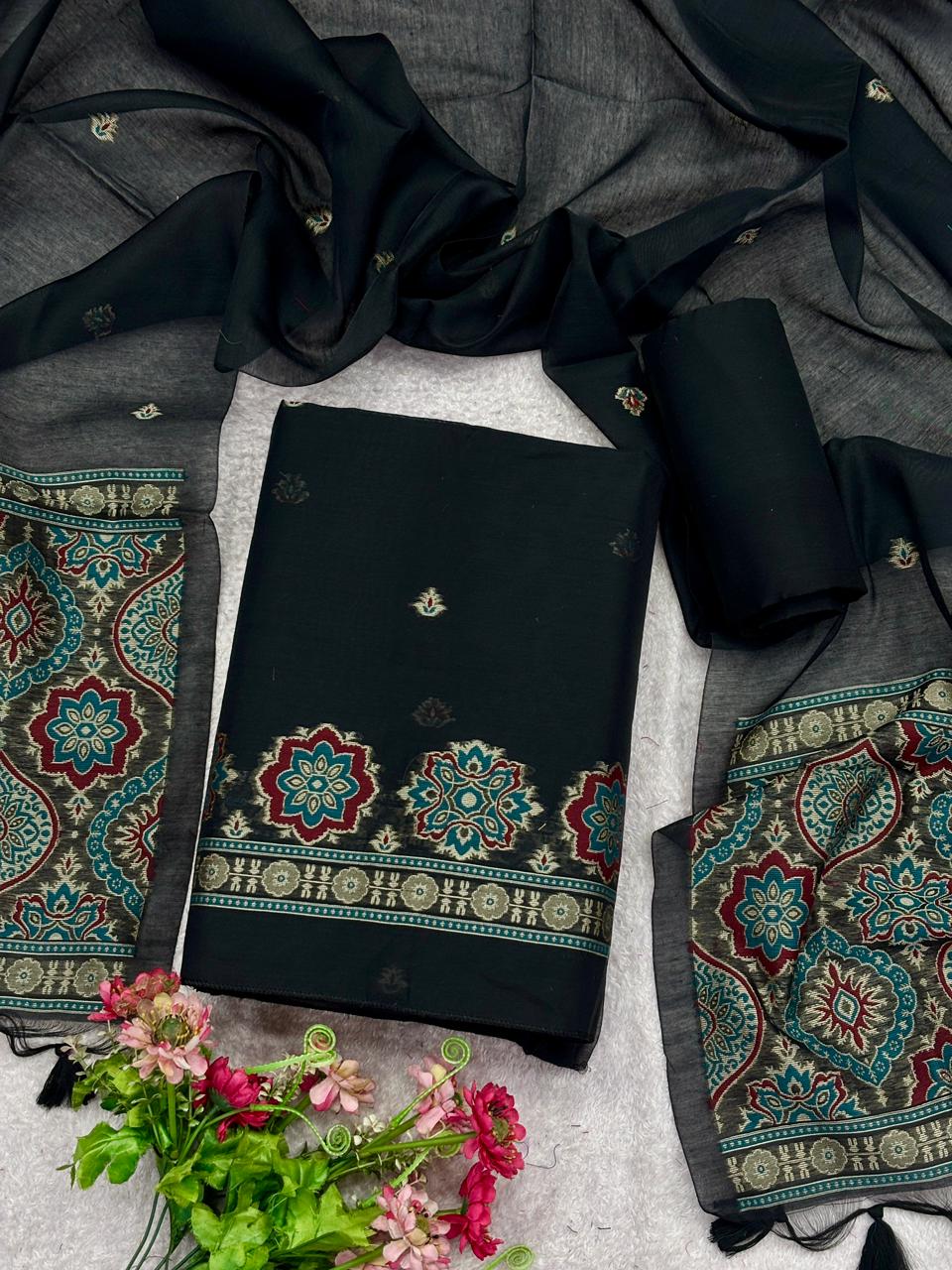 Unstitched Ajrakh Weaving Pure Muga Cotton Salwar Suit with Dupatta & Bottom