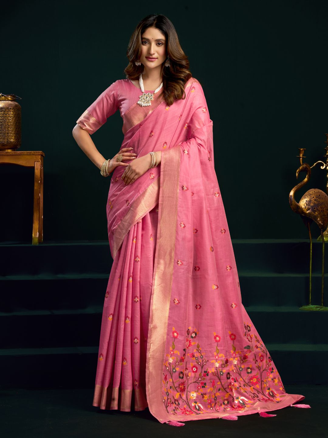 Muga cotton saree with meenakari weaving zari border work