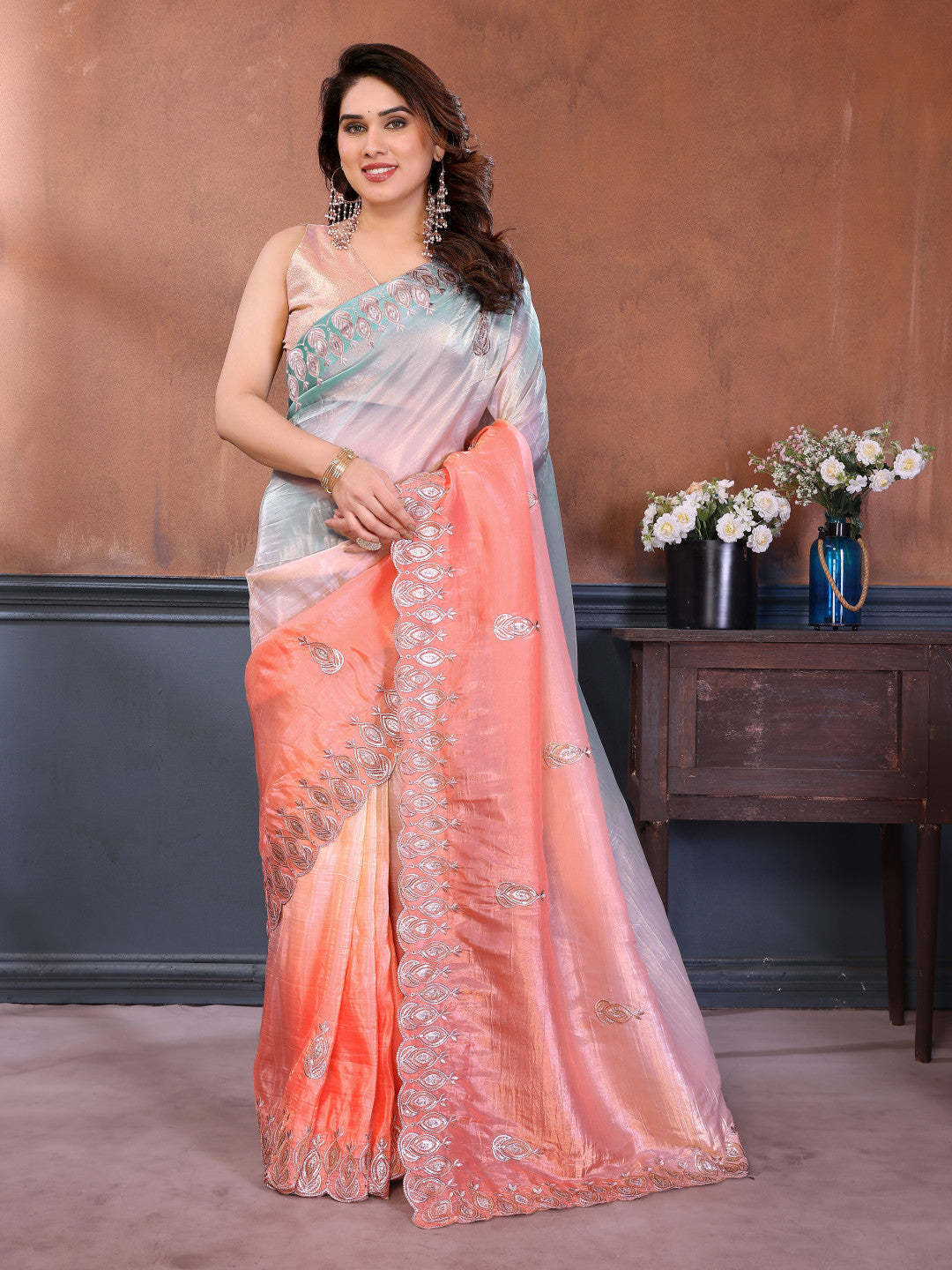 Multi color soft crushed silk saree