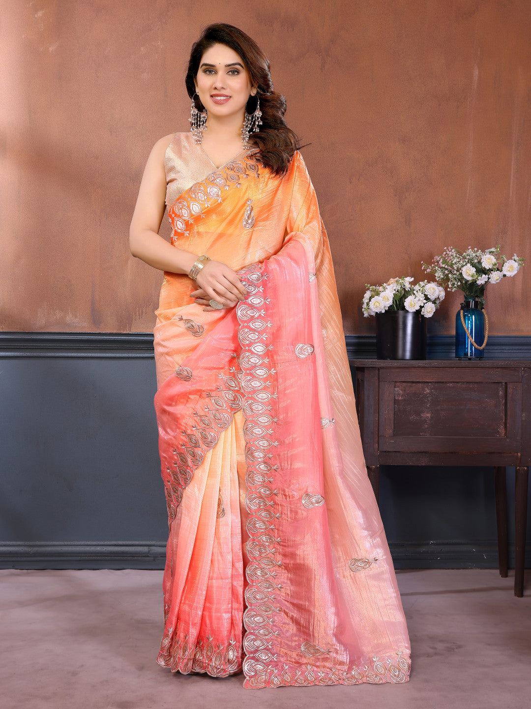 Multi color soft crushed silk saree