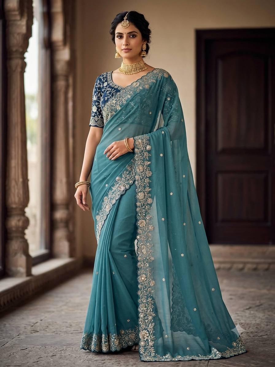 Heavy star georgette silk saree with zari weaving and thread embroidered work