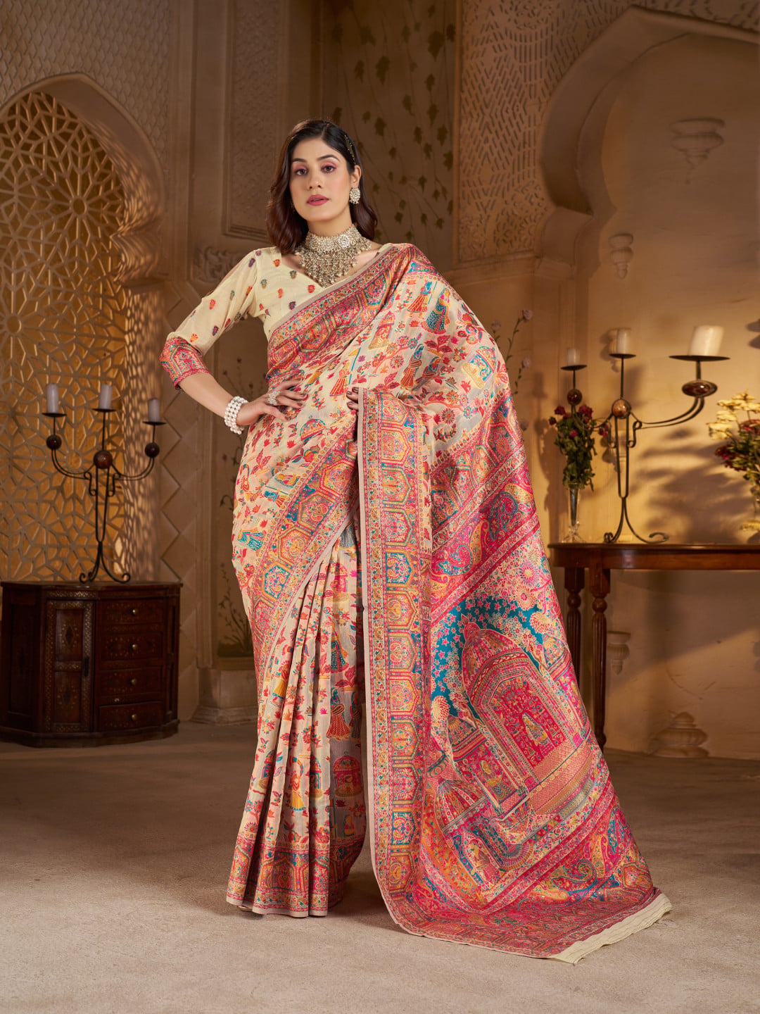 Traditional pashmina silk saree with woven design