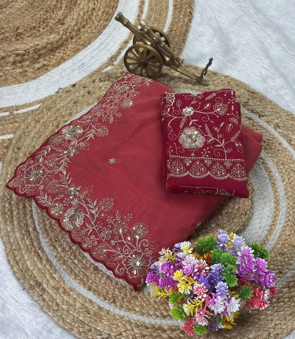 Heavy star georgette silk saree with zari weaving and thread embroidered work