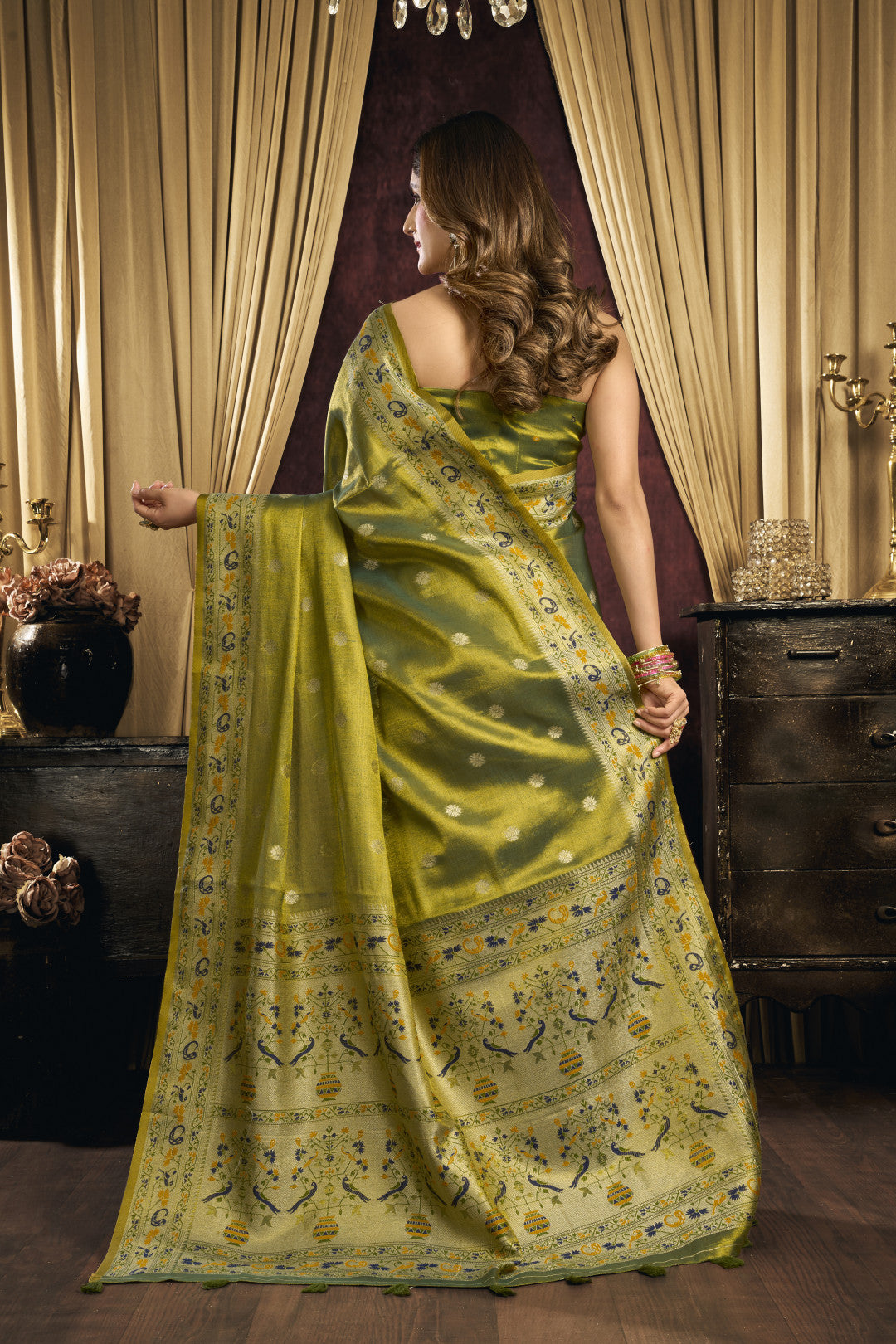 Soft tissue paithani silk saree with thread weaving work