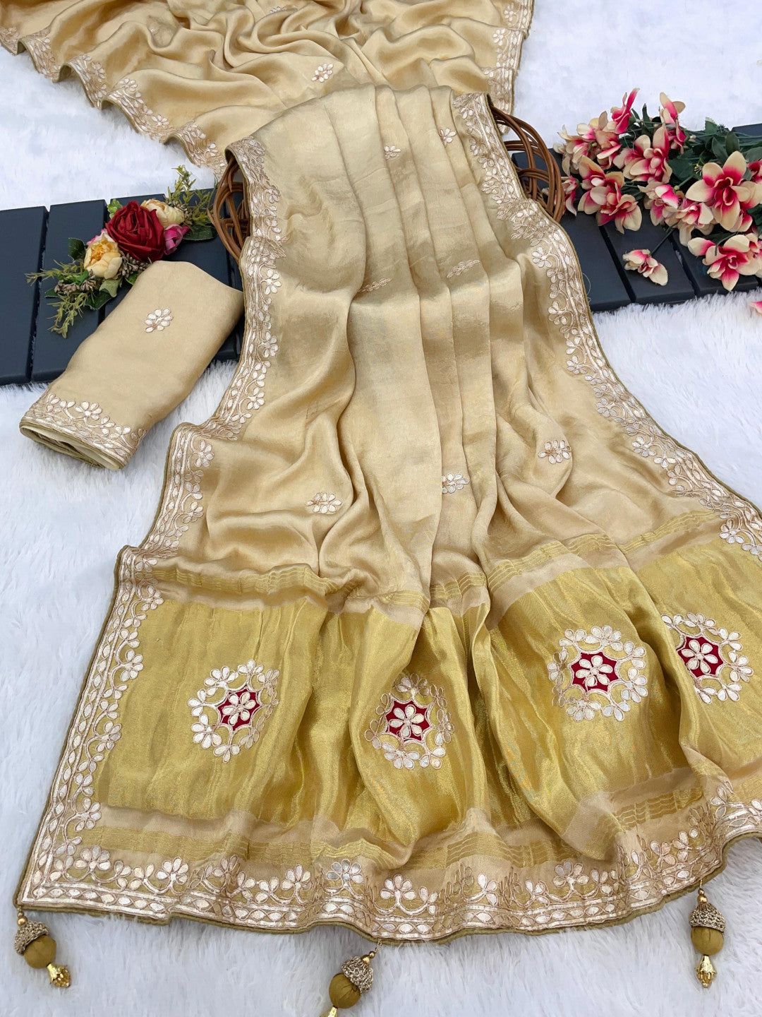 Pure Modal Gajji Silk Embroidered Saree with Rich Golden Pallu (Multi-Color)