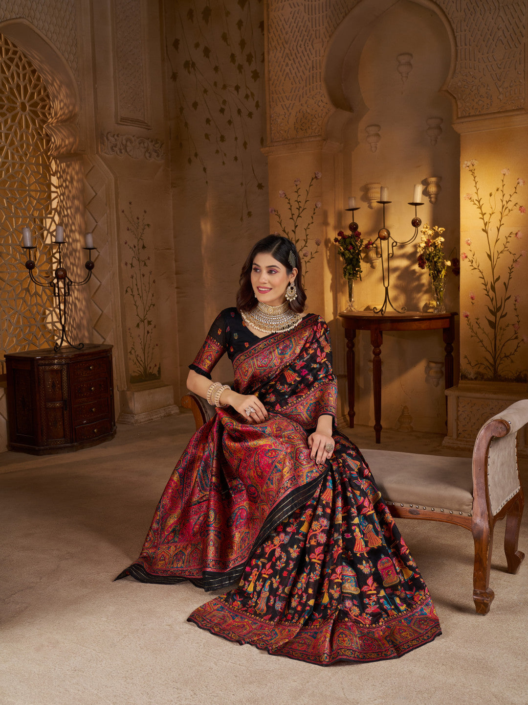 Traditional pashmina silk saree with woven design