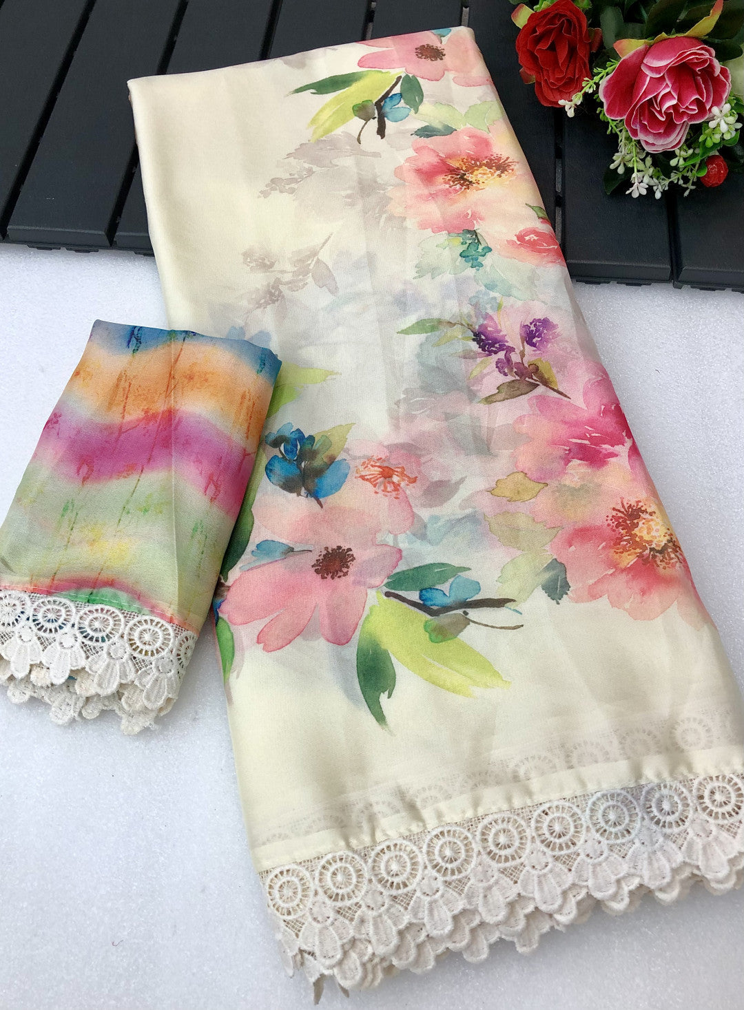 Off-White Chiffon Saree with Floral Print & Lace Border