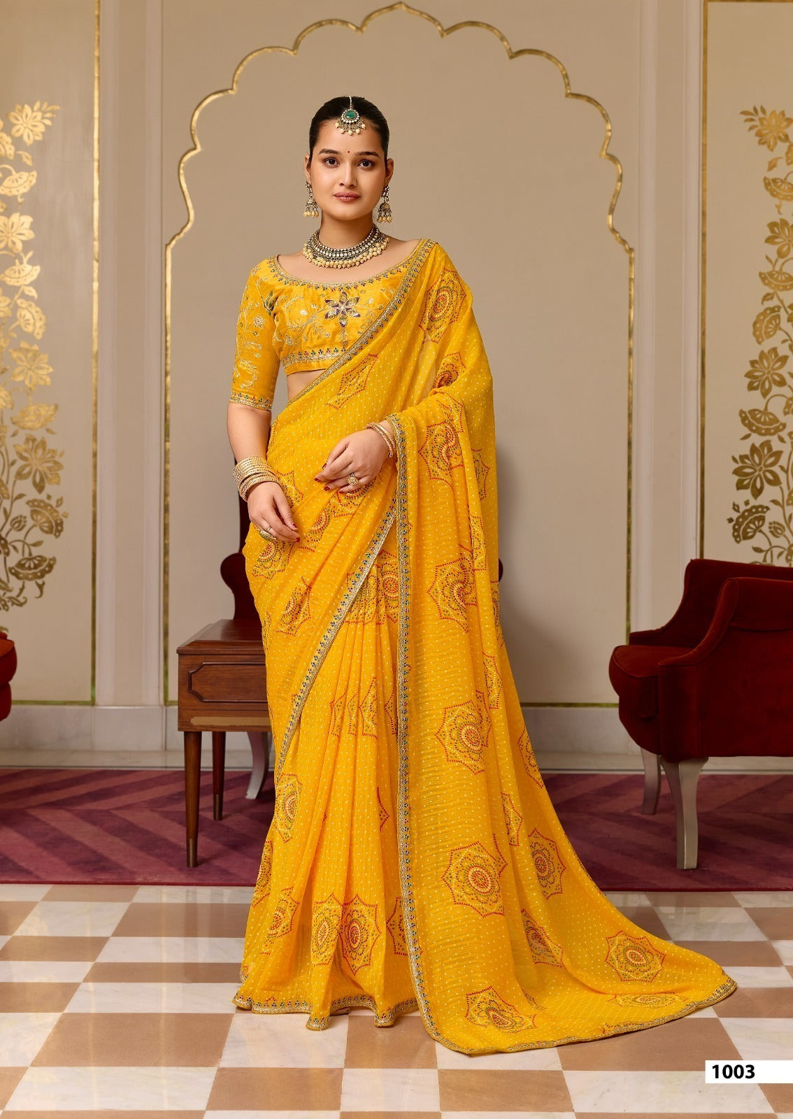Royal Bandhani Print Saree with Embroidered Blouse Piece