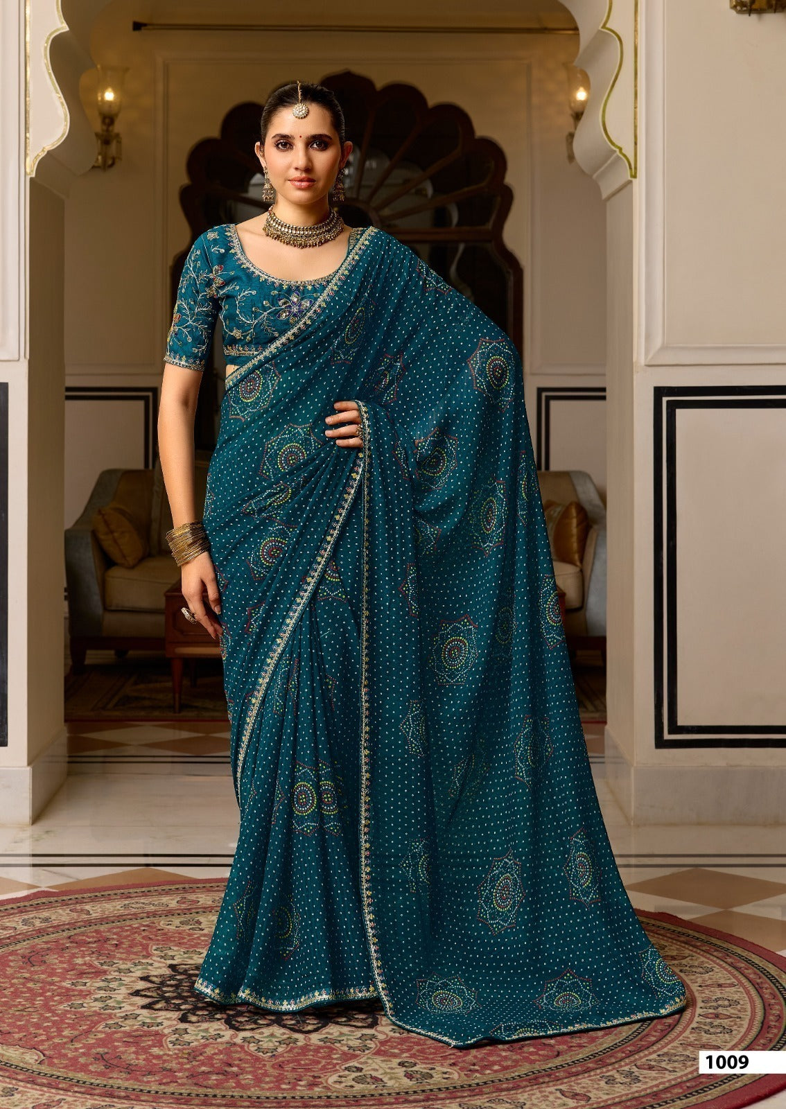 Royal Bandhani Print Saree with Embroidered Blouse Piece